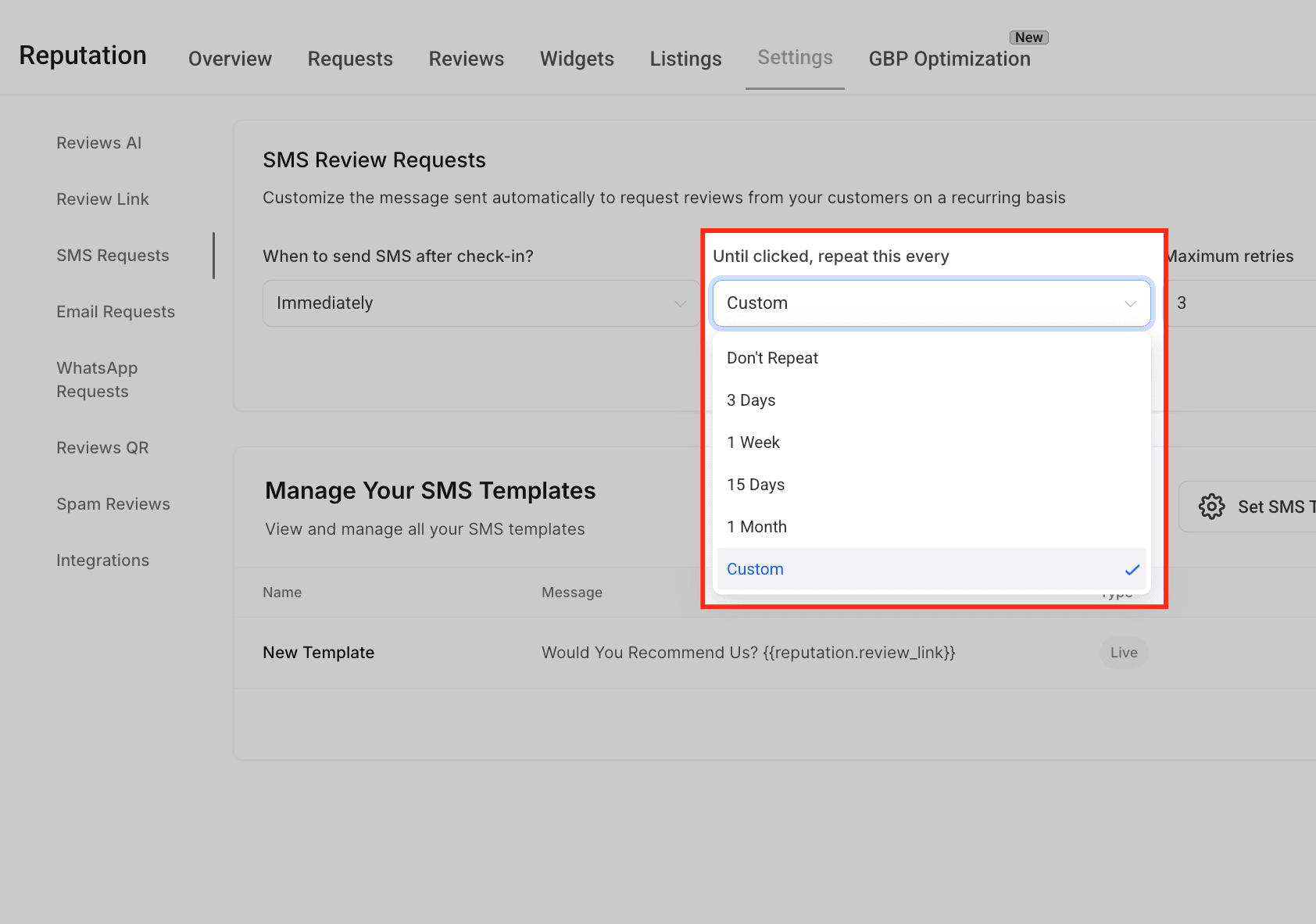 Schermata 5 — Come personalizzare le richieste di recensione con template SMS personalizzati
