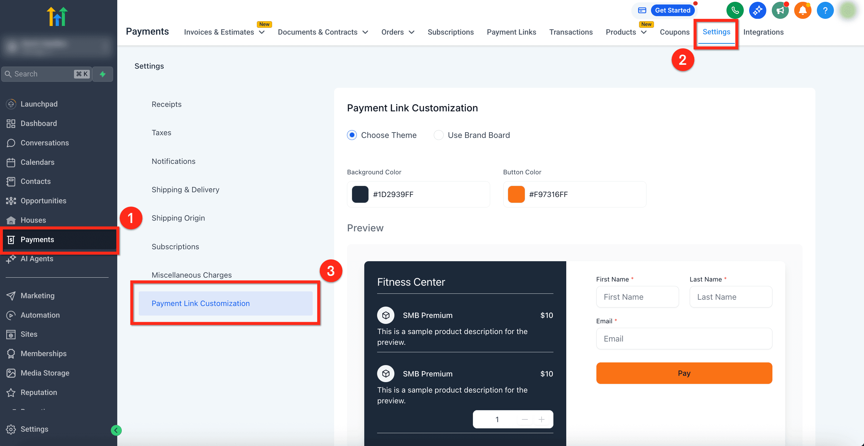 Schermata 1 — Come personalizzare i link di pagamento con i colori del tuo brand