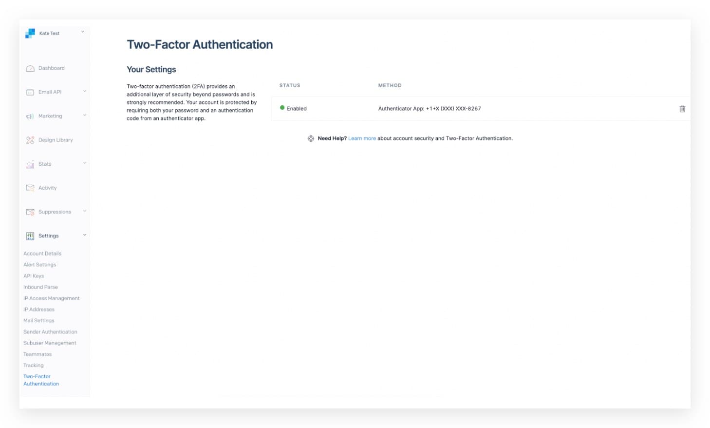 Configurazione dell'autenticazione a due fattori in SendGrid