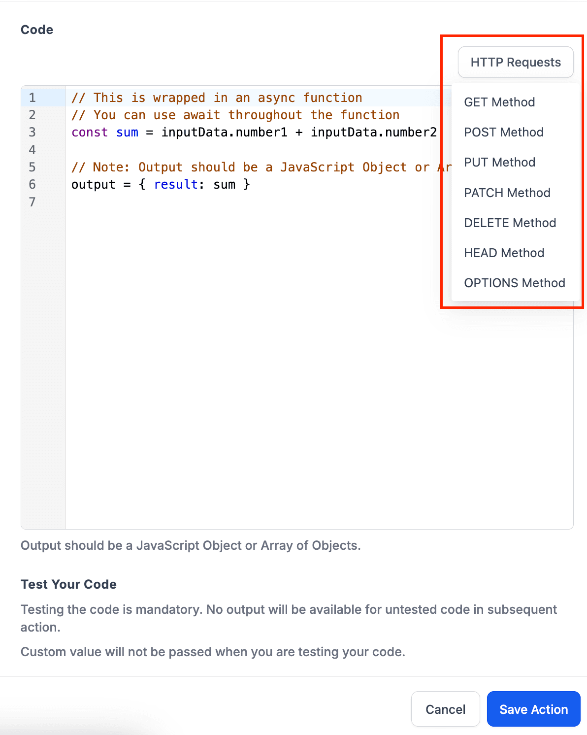 Schermata 7 — Azione Workflow - Custom Code