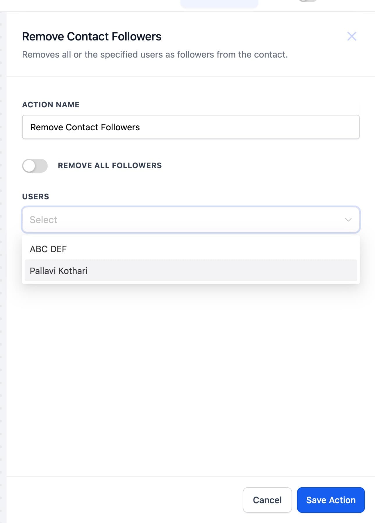 Schermata 2 — Azioni Workflow - Rimuovi Follower dal Contatto