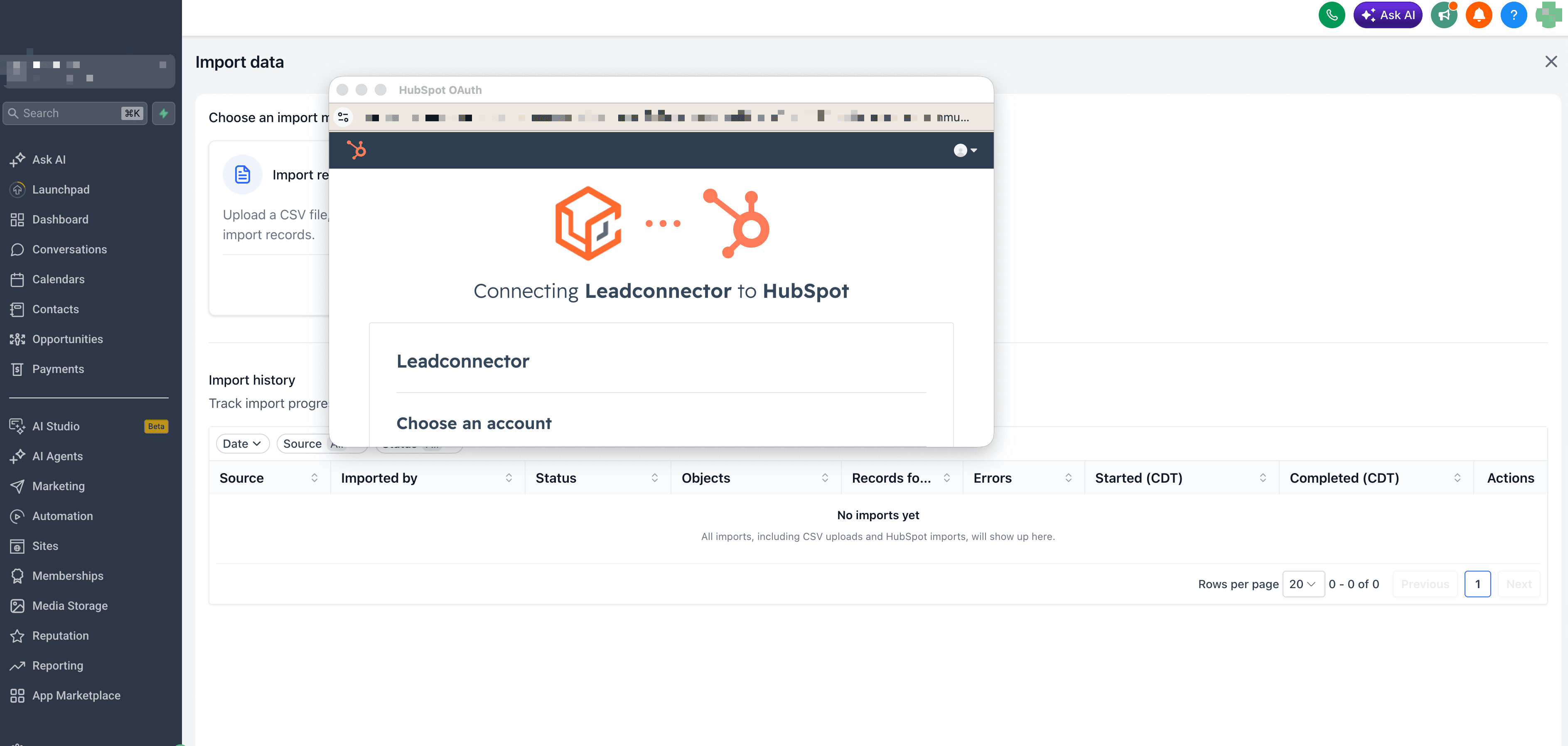 Schermata 4 — Importa dati da HubSpot