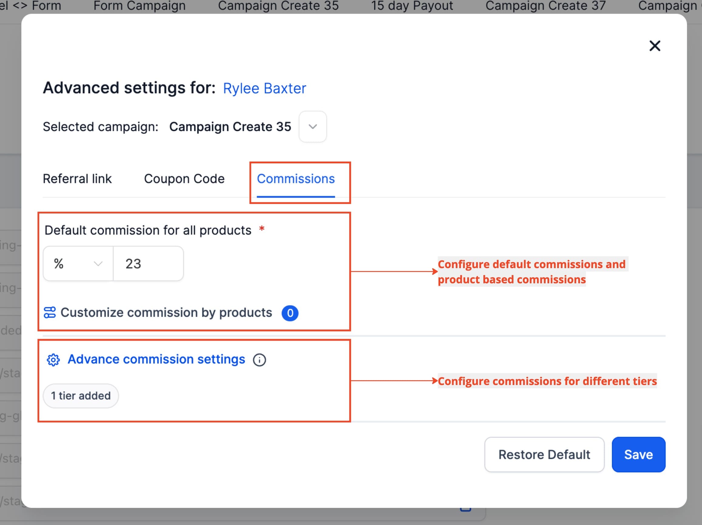 Schermata 2 — Come impostare commissioni affiliate personalizzate