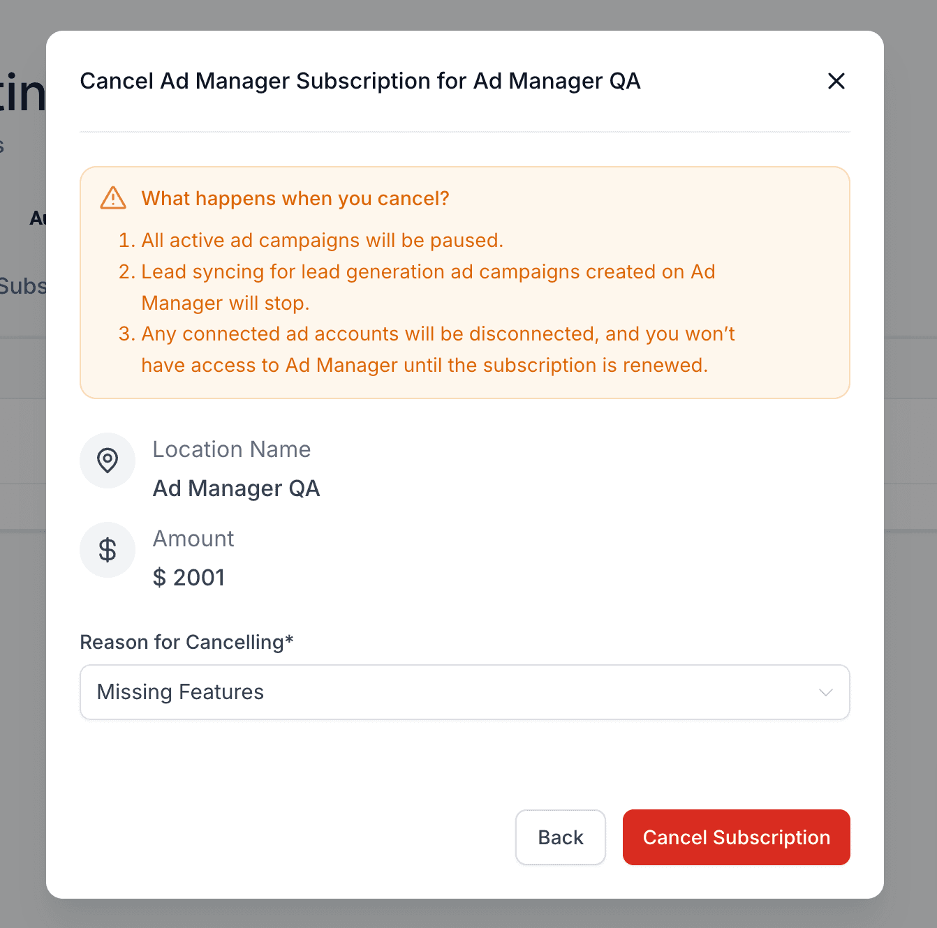 Schermata 6 — Come annullare l'abbonamento ad Ad Manager per un sub-account?