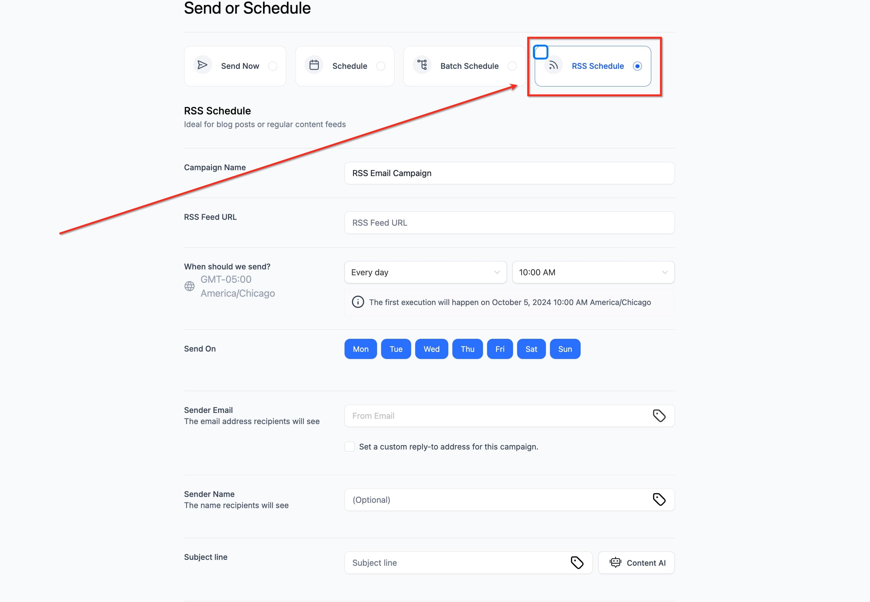 Schermata 4 — Metodi di Invio/Consegna Email - Send Now, Schedule, Batch, RSS Schedule