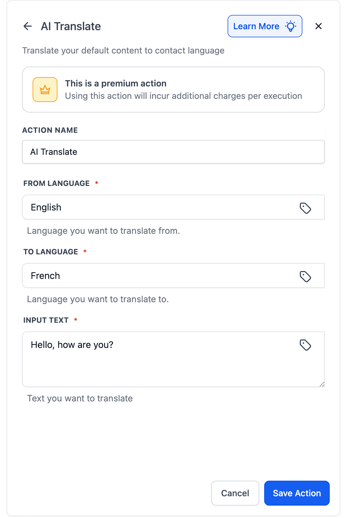 Schermata 2 — Azione Workflow - AI Translate