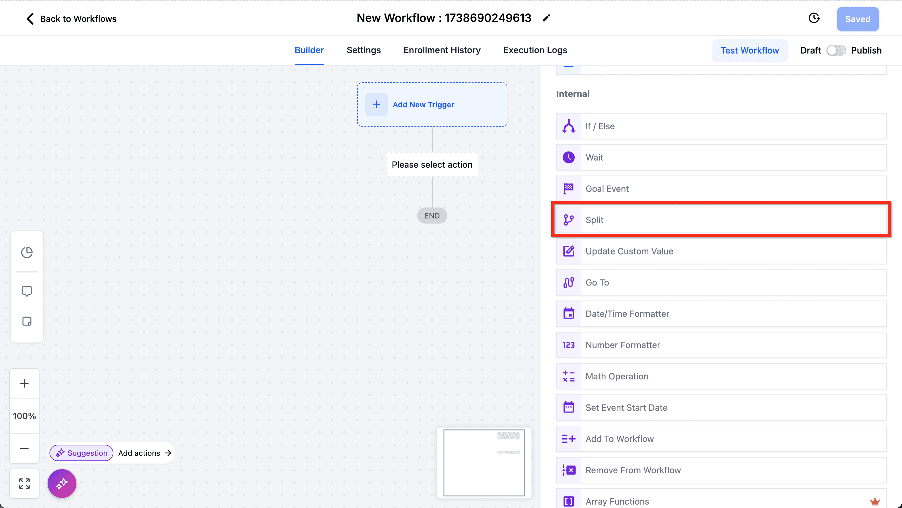 Schermata 1 — Azione Workflow - Split