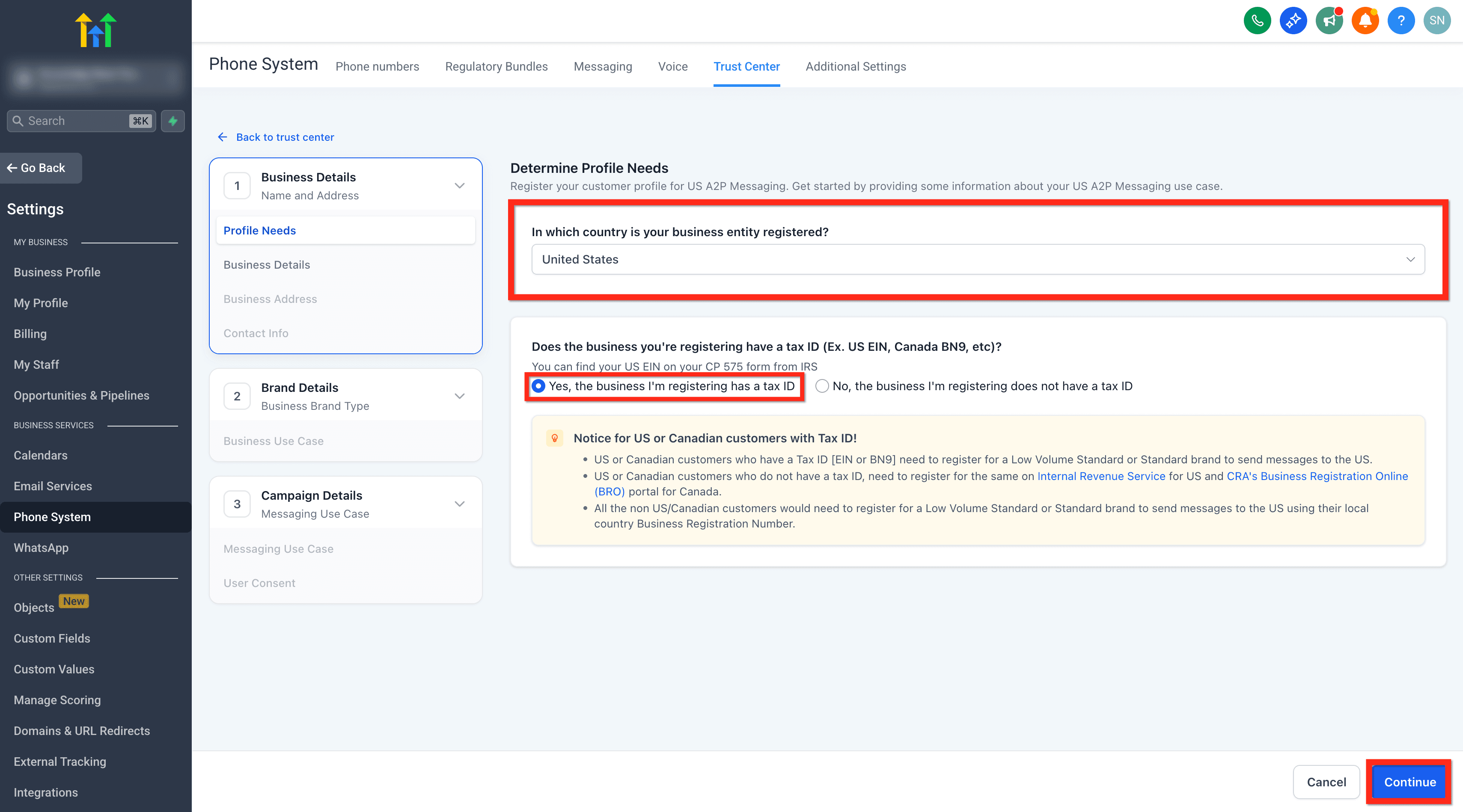 Schermata 3 — A2P - Registrazione Standard Brand per 10DLC