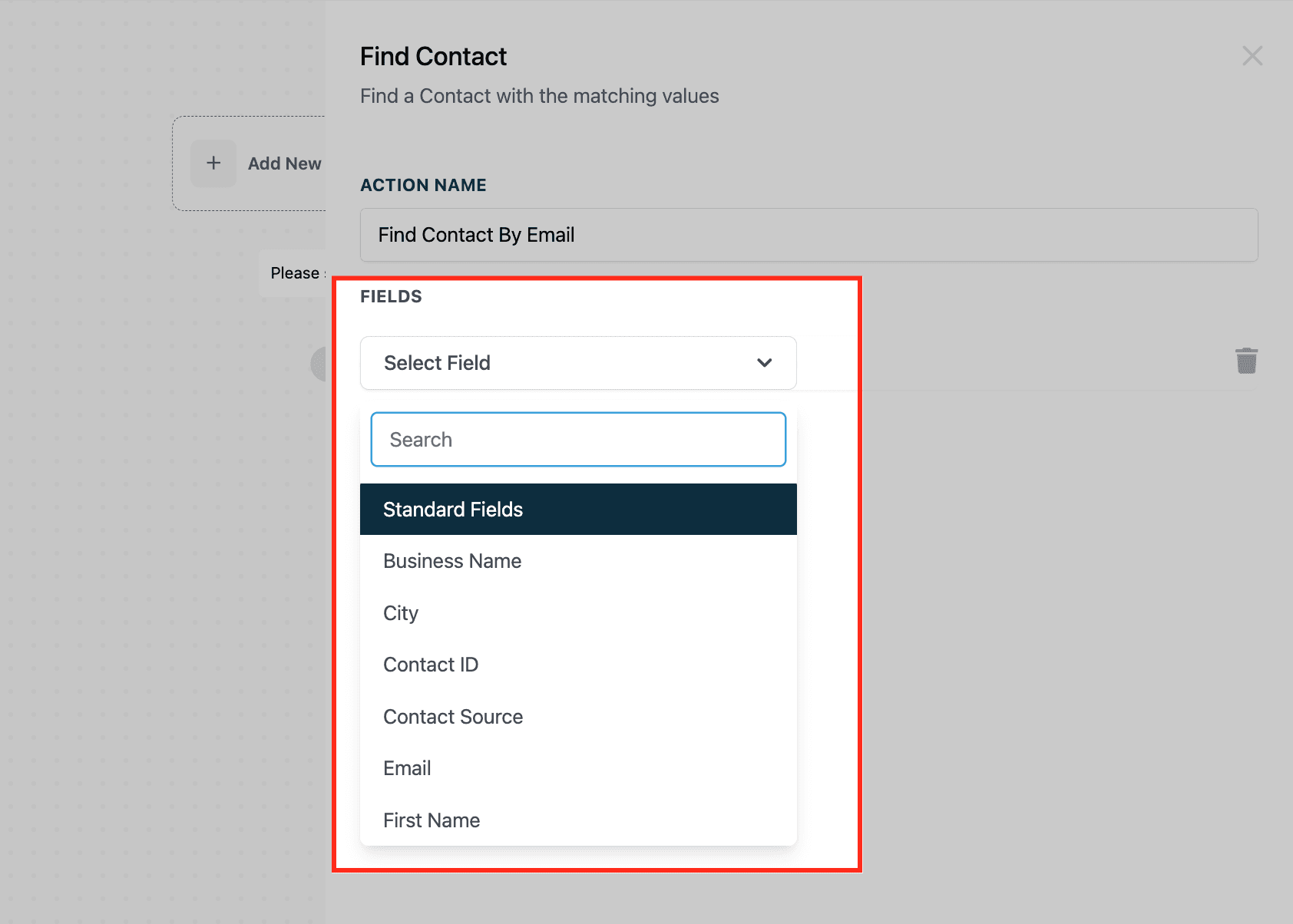 Schermata 4 — Azione Workflow - Trova Contatto