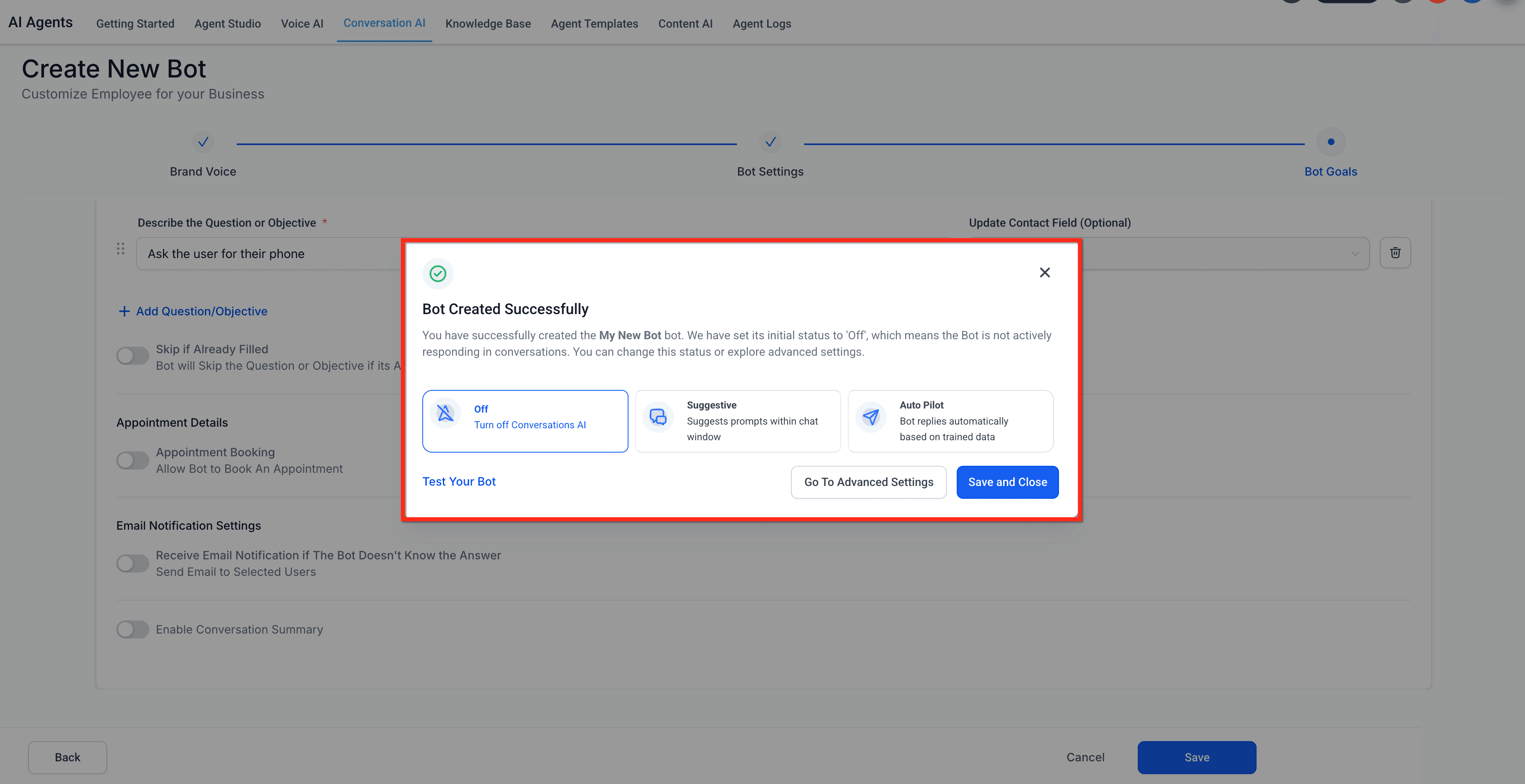 Schermata 12 — Configurazione Guidata tramite Form per Conversation AI