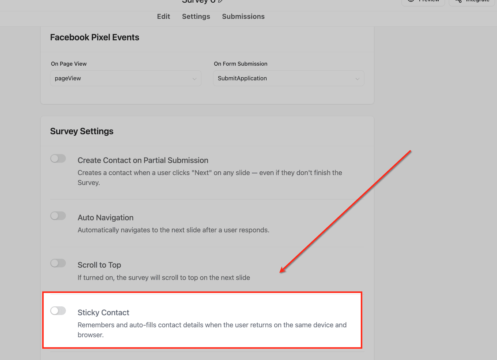 Schermata 8 — Sticky Contact in Form, Survey e Calendari