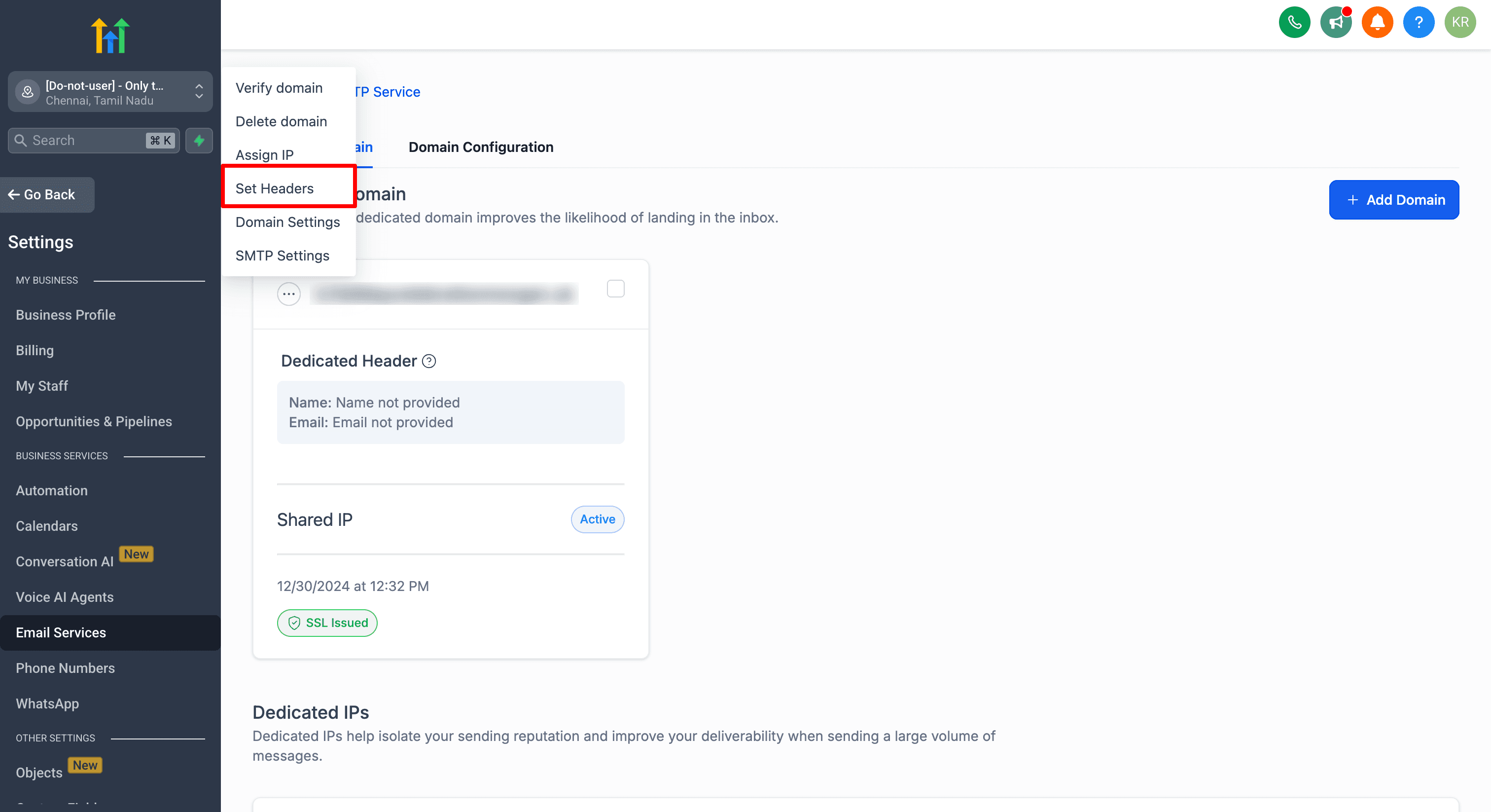 Impostazioni Dedicated Domain and IP con l'opzione Set Headers