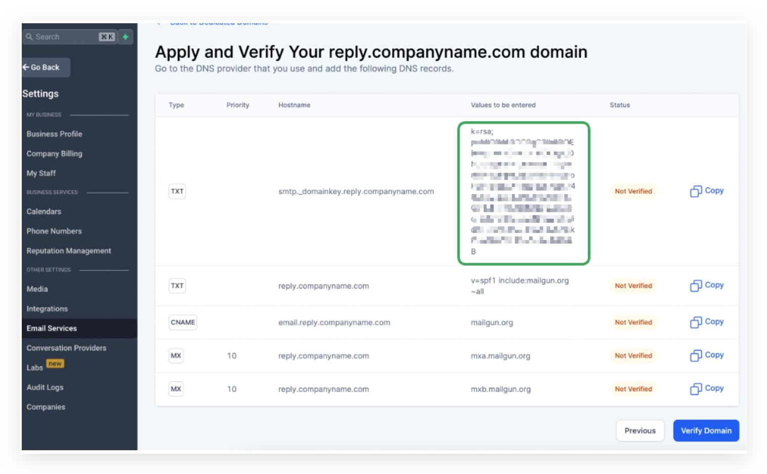 Valore del 2° record TXT evidenziato nella schermata DNS della piattaforma