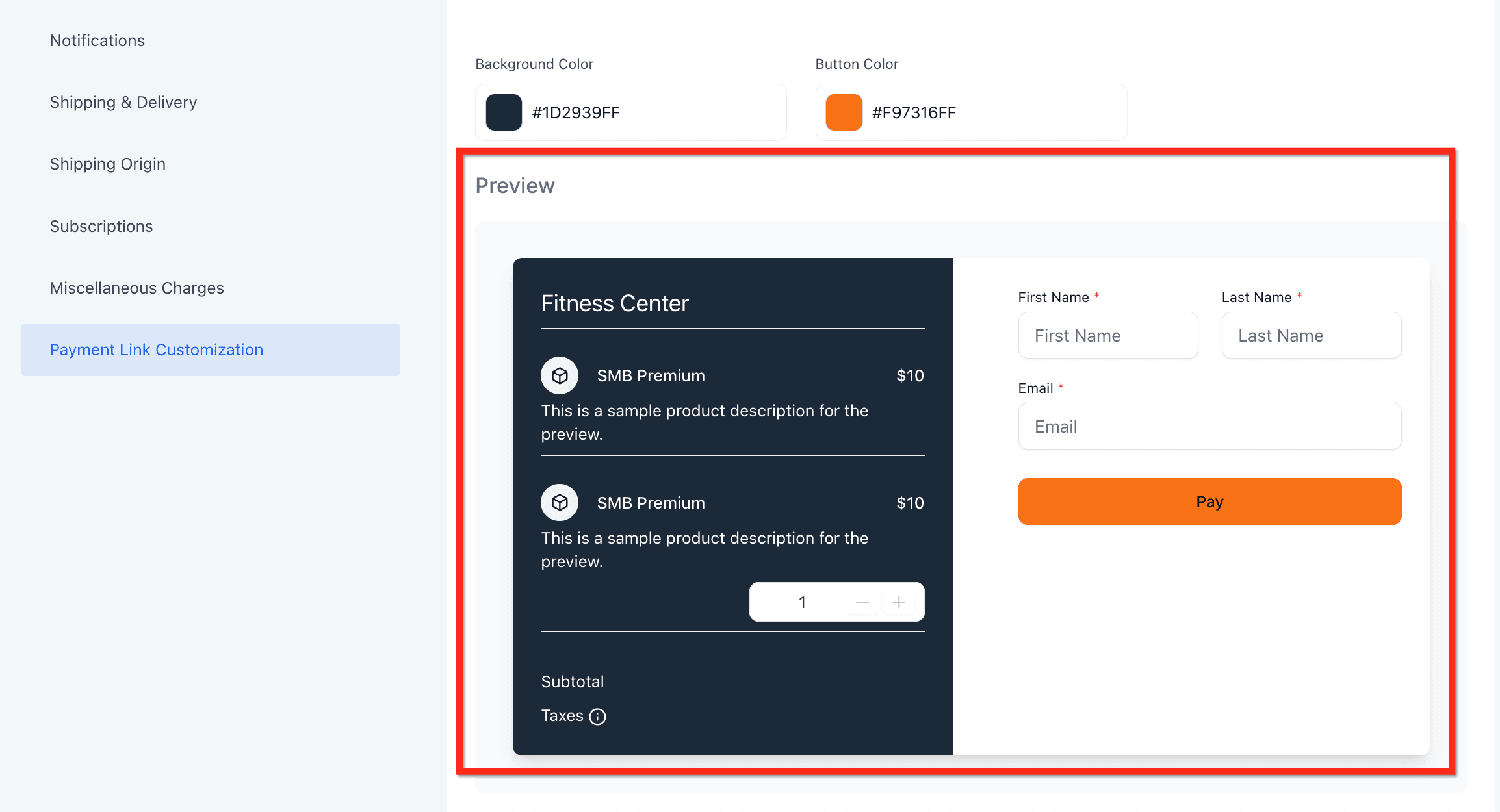 Schermata 5 — Come personalizzare i link di pagamento con i colori del tuo brand