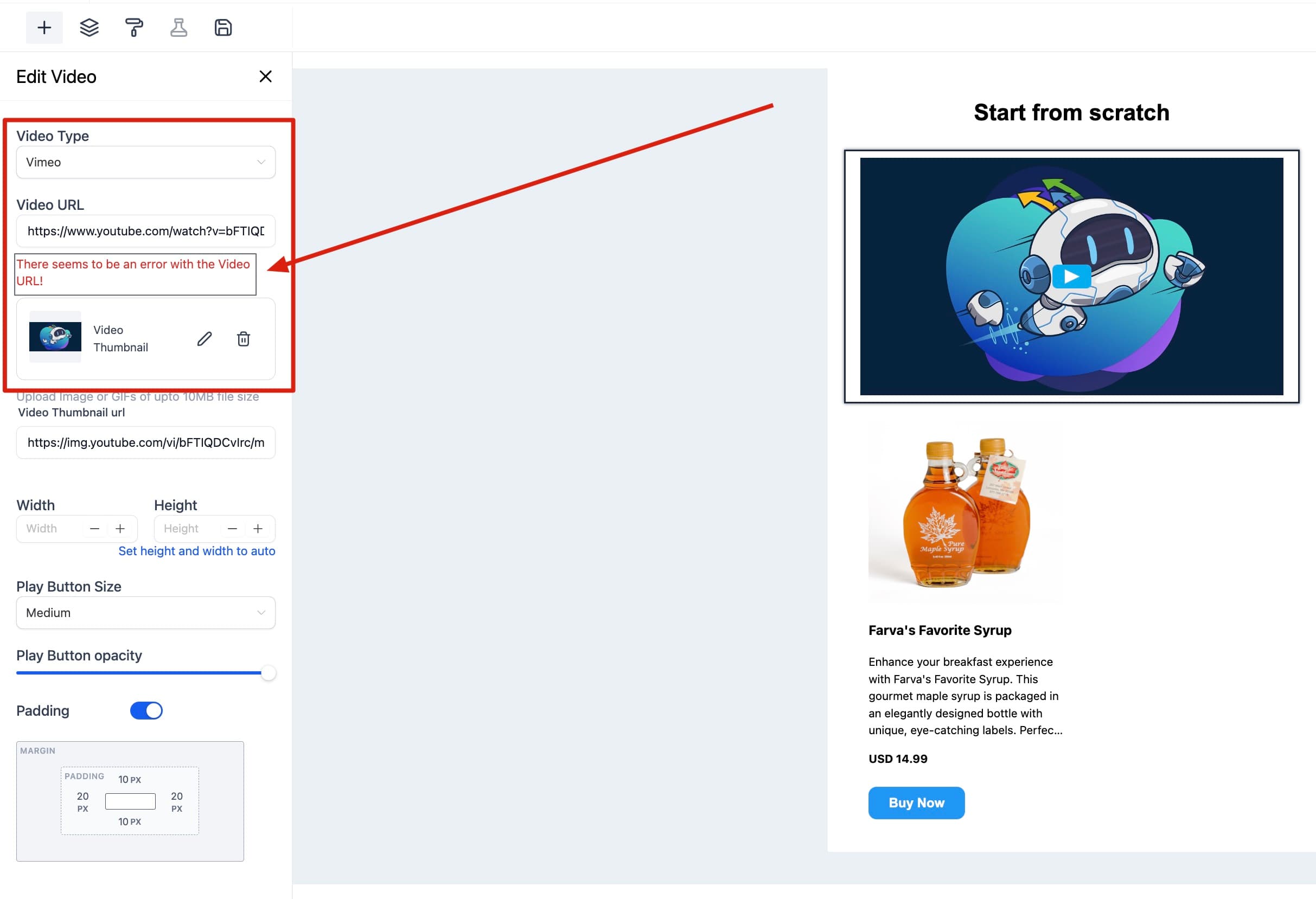Schermata 4 — Elemento Video nell'Email Builder