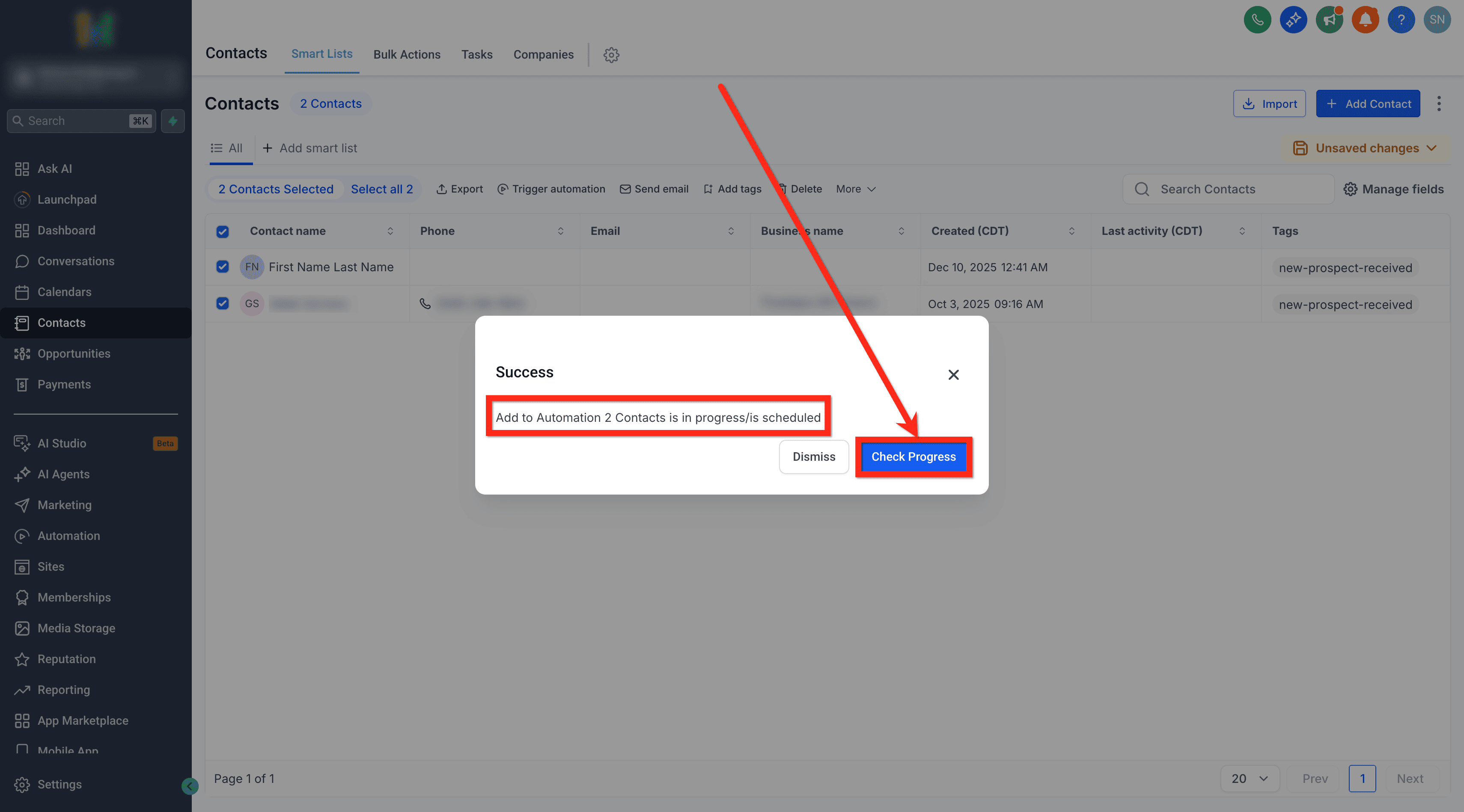 Schermata 6 — Come aggiungere Contatti in blocco a un Workflow