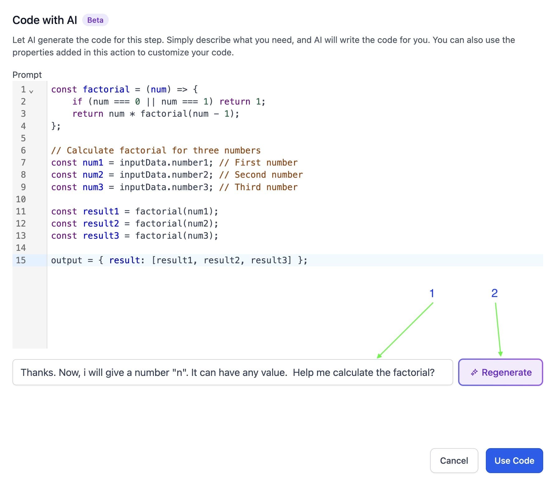 Schermata 5 — Azione Workflow - Custom Code con AI