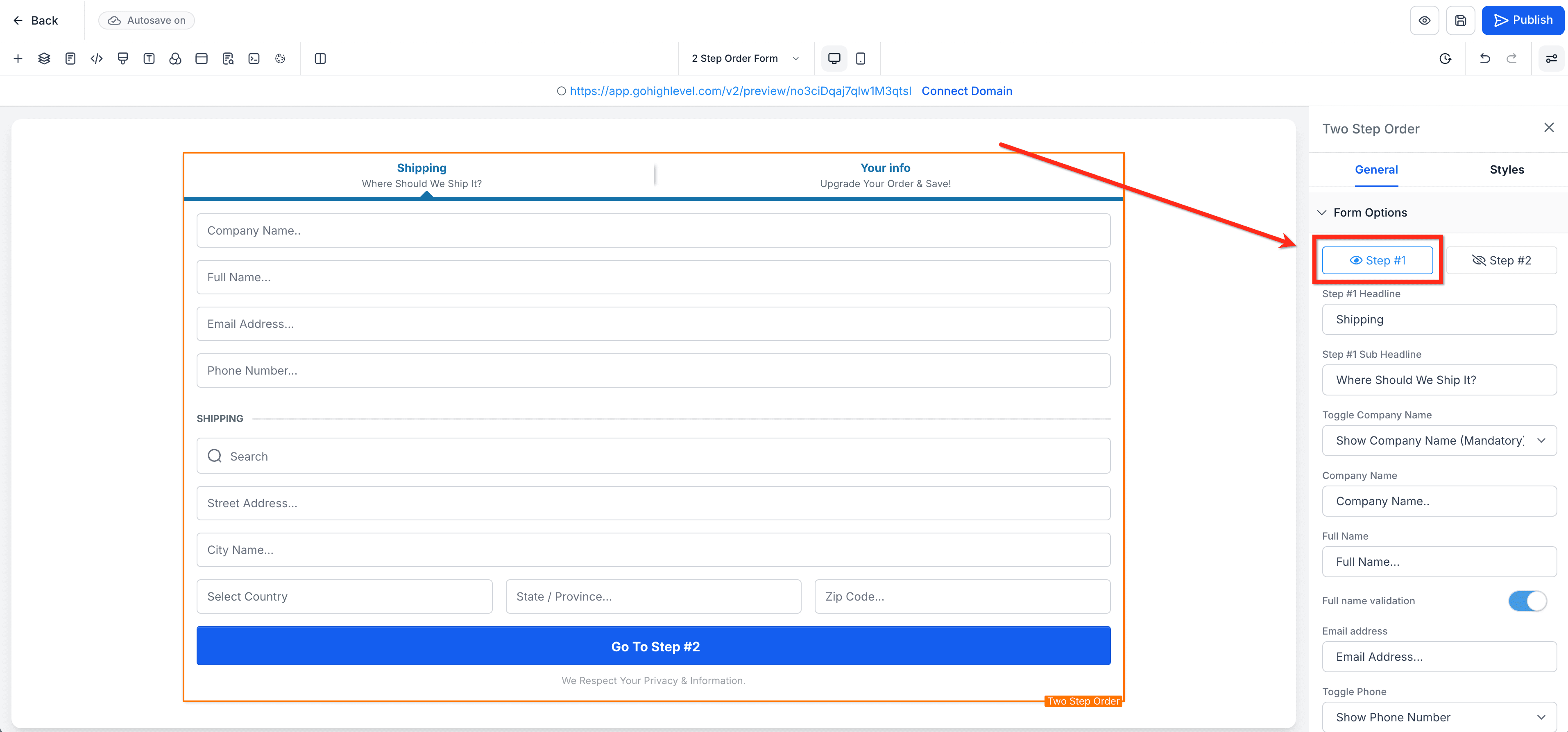 Schermata 13 — Come Aggiungere un Form d'Ordine in Due Passaggi a un Funnel