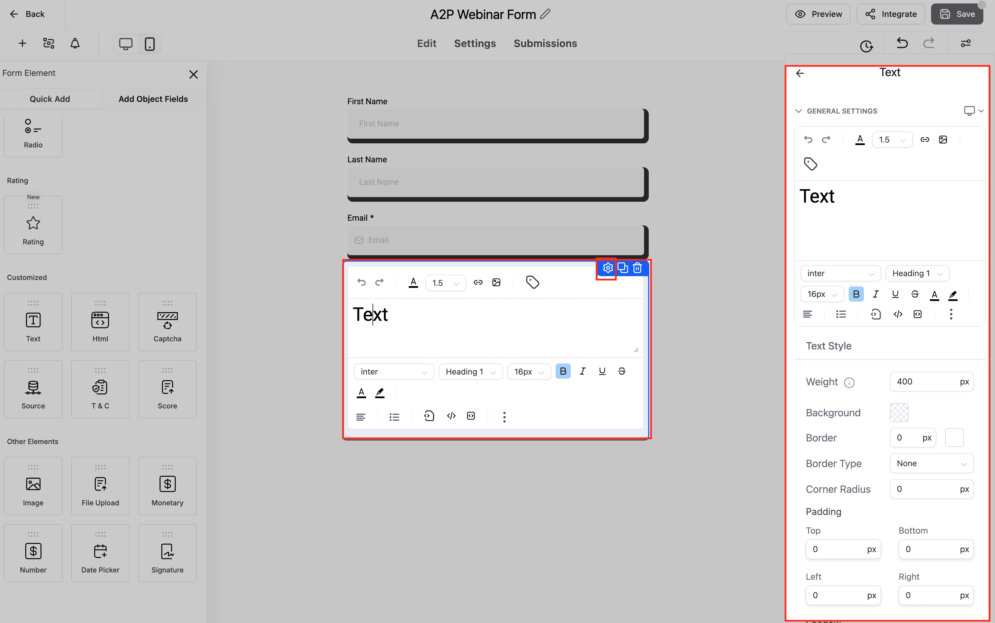 Schermata 3 — Form, Survey e Quiz: Modifica Inline
