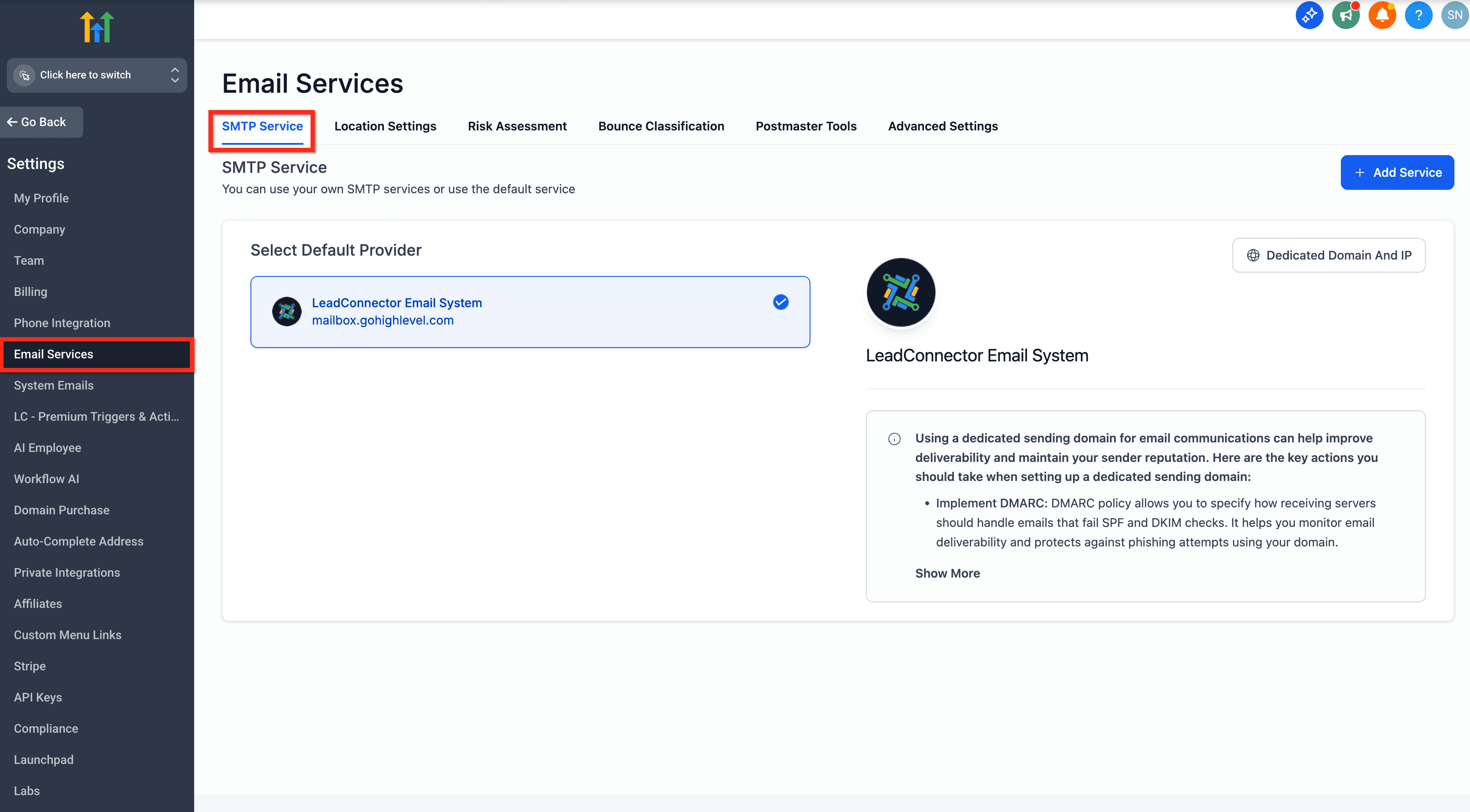 SMTP Service tab in Email Services