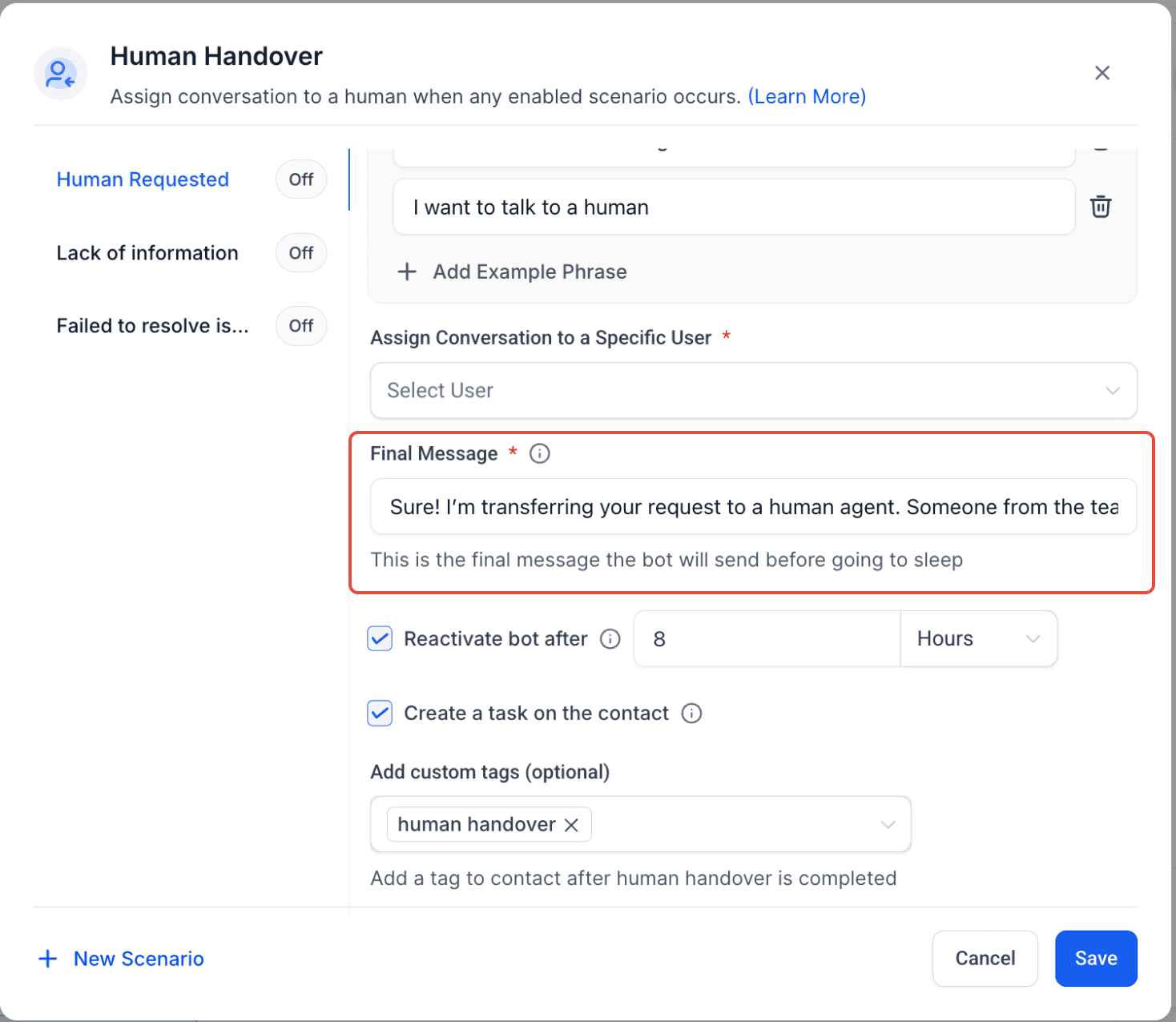 Schermata 17 — Conversation AI - Azione Human Handover