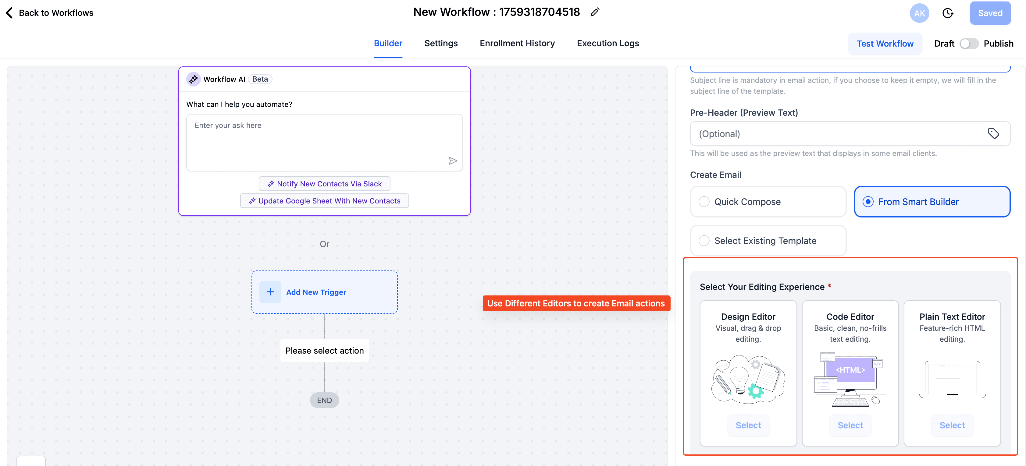 Schermata 2 — Nuova UI per le Azioni Email nei Workflow