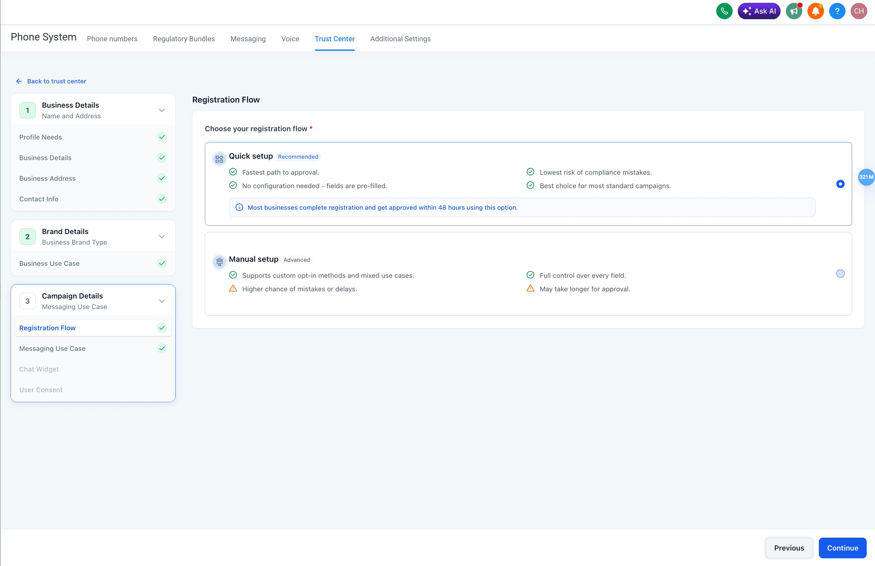 Schermata 3 — Flusso di Registrazione Campaign A2P Pre-Configurata (Widget-First)
