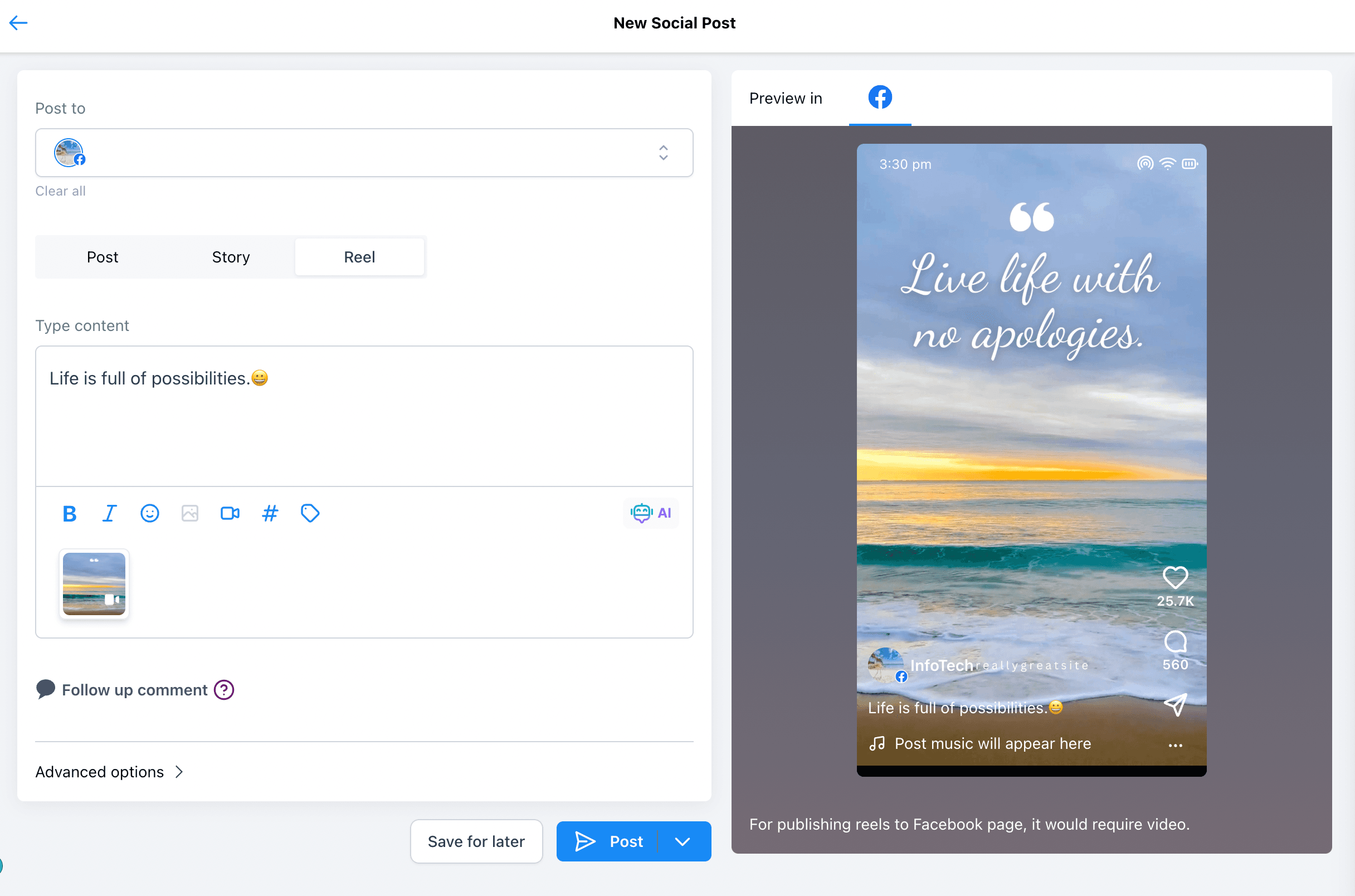 Schermata 2 — Pubblica un Facebook Reel dal Social Planner