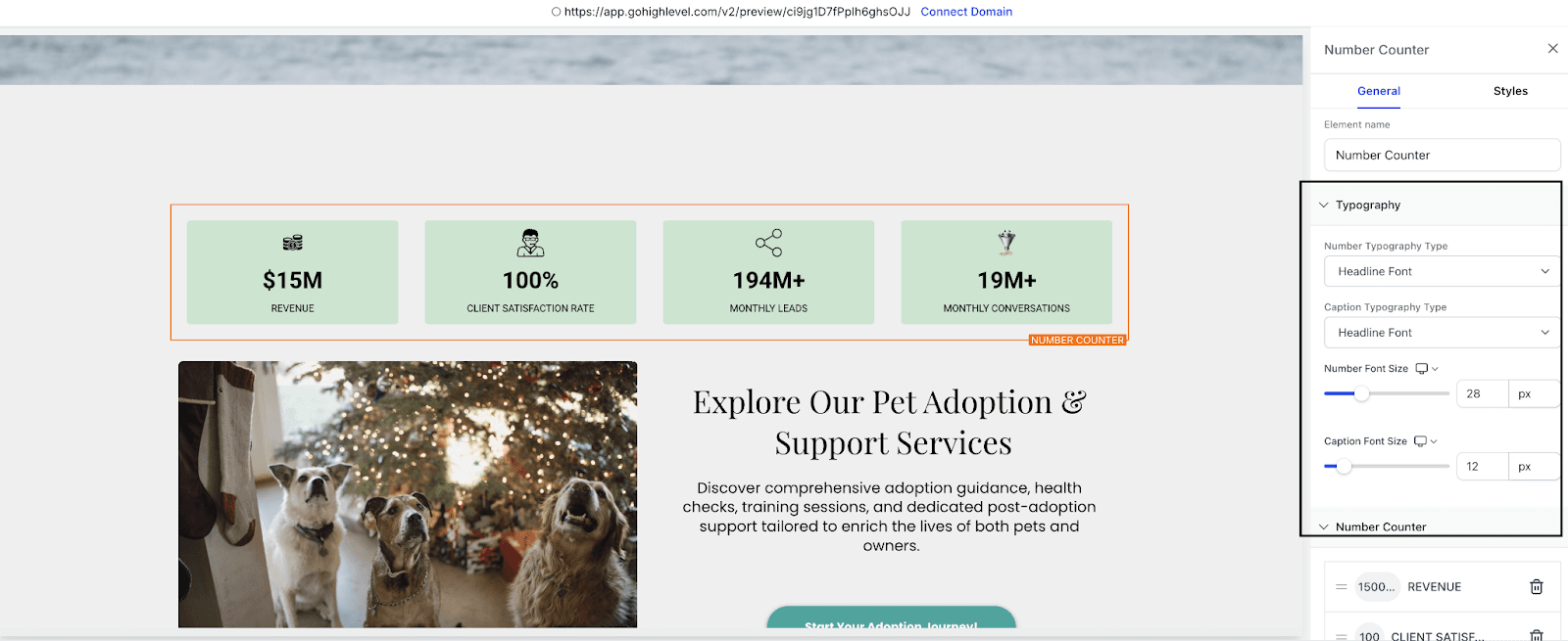 Schermata 1 — Funnel e Siti Web: Widget Contatore Numerico