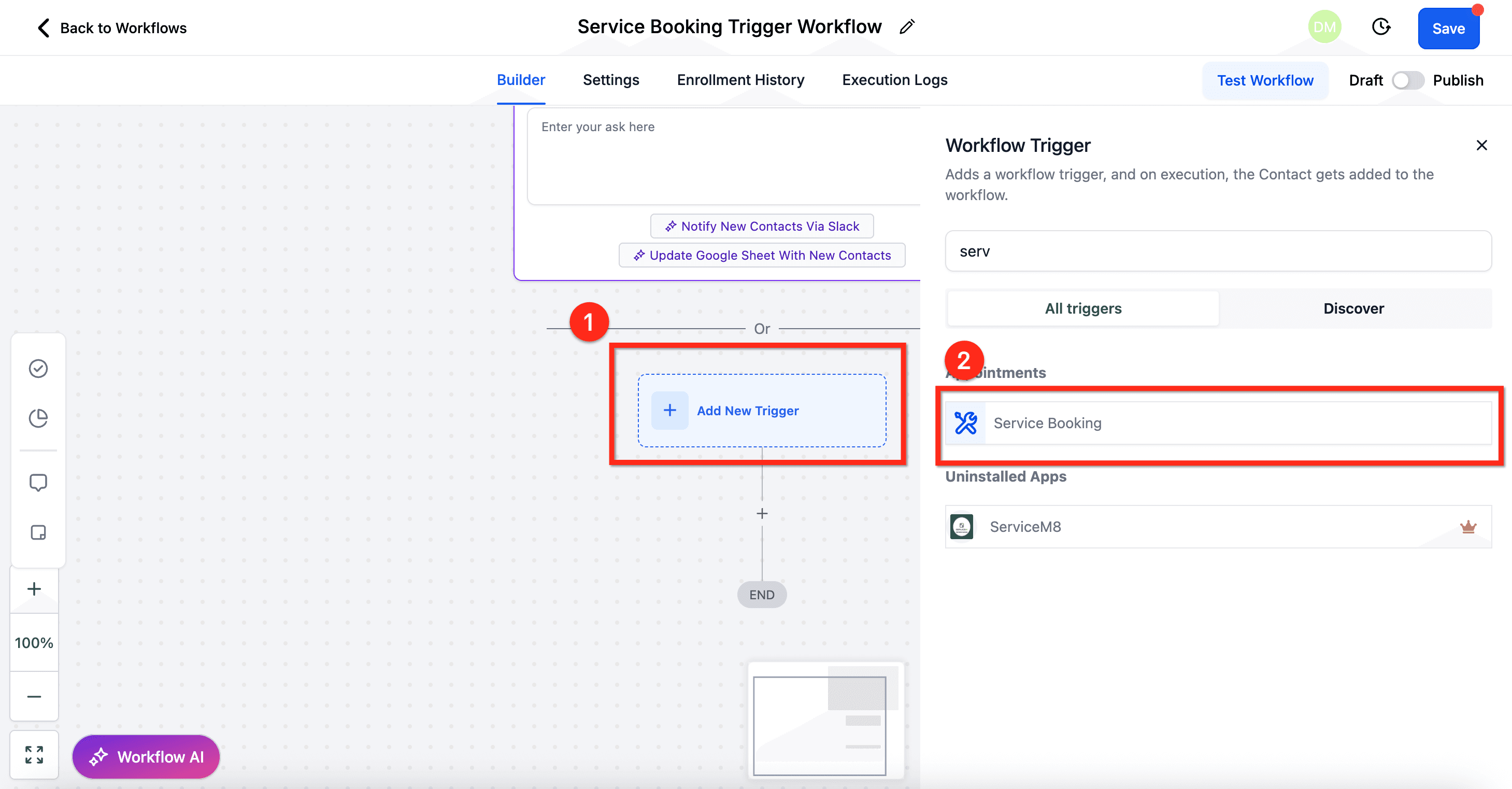 Schermata 6 — Workflow Trigger – Service Booking (Services v2)
