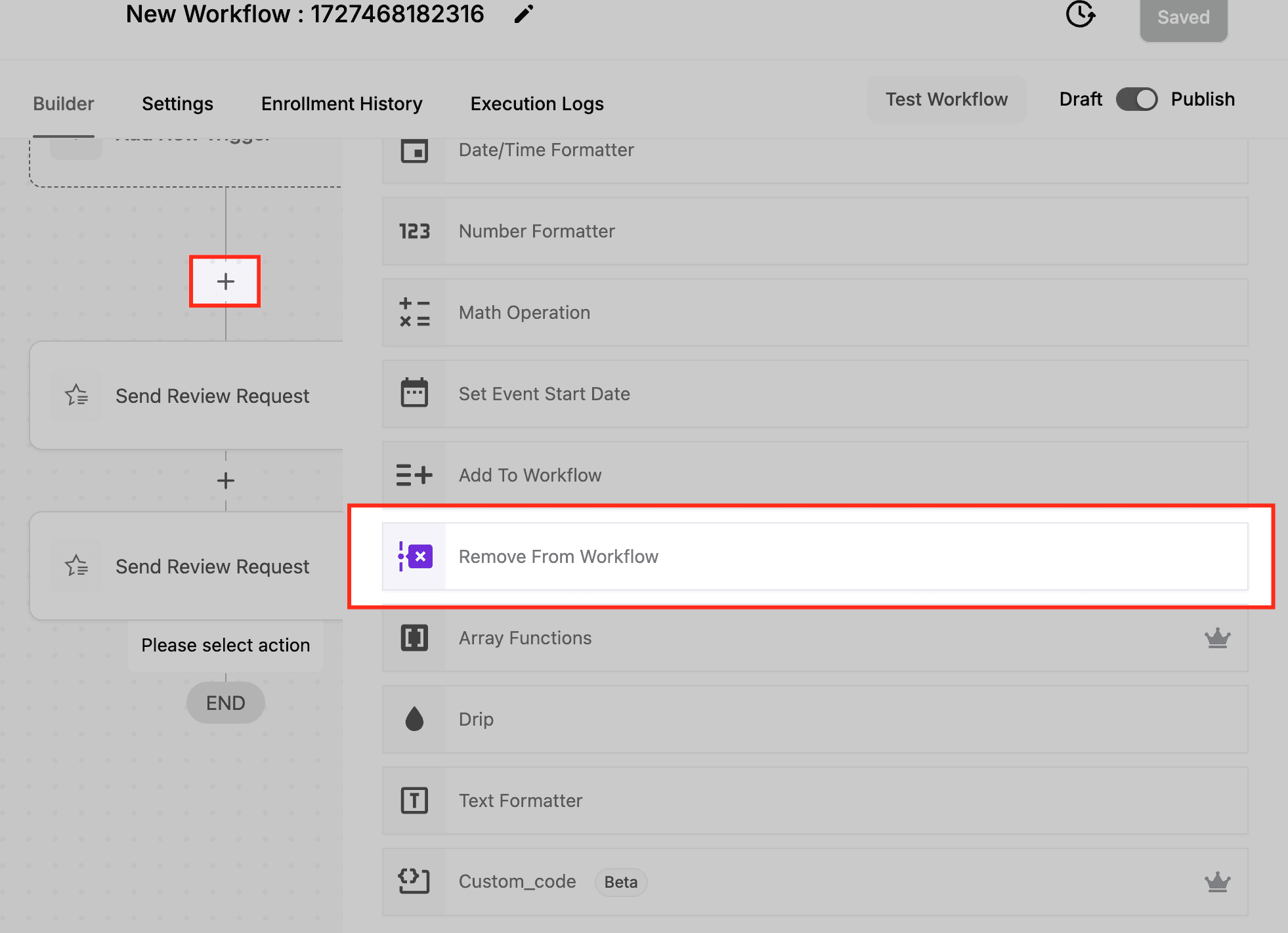 Schermata 3 — Azione Workflow - Rimuovi dal Workflow