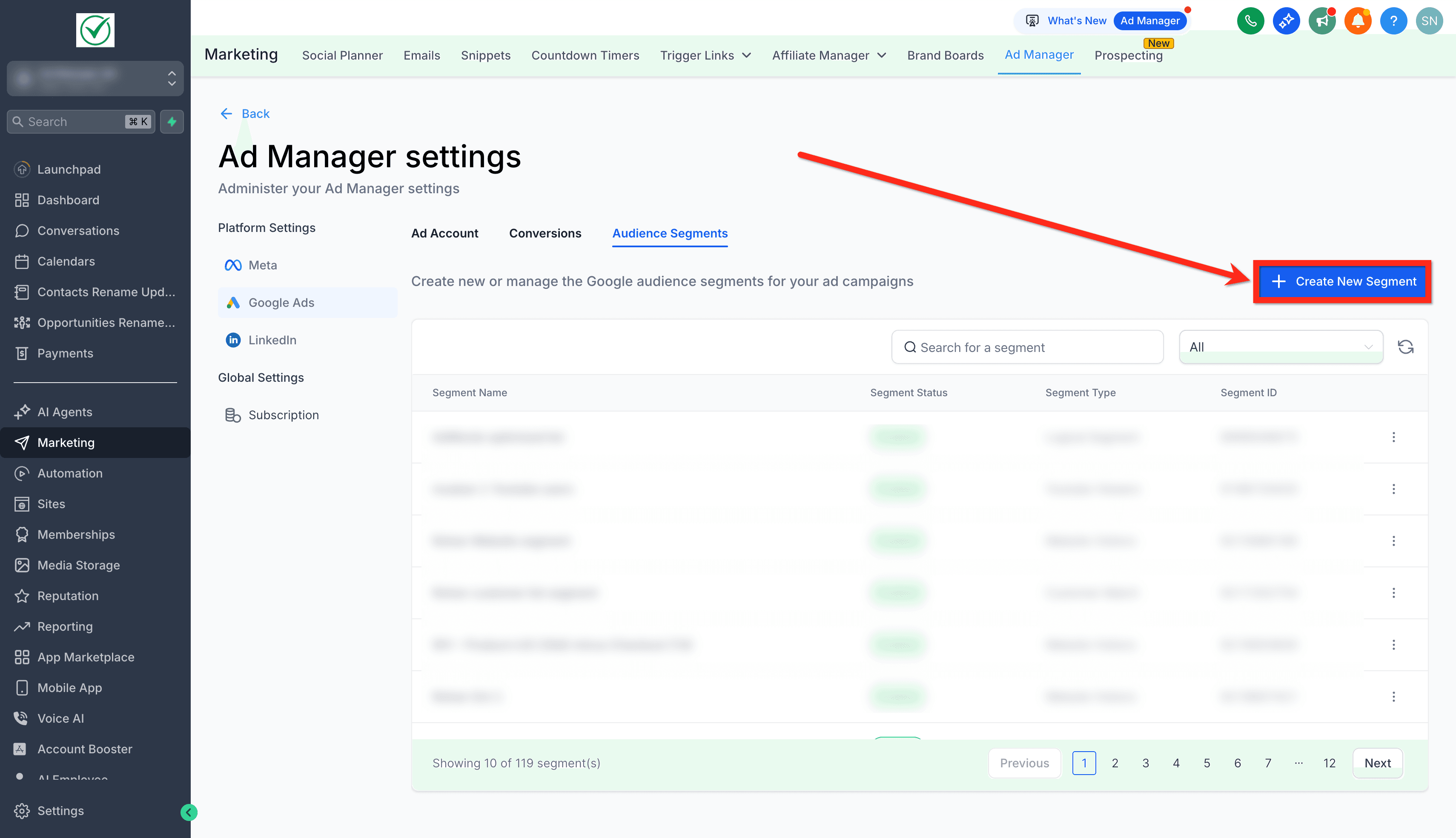 Schermata 4 — Ads Manager - Audience Segments per Google Ads
