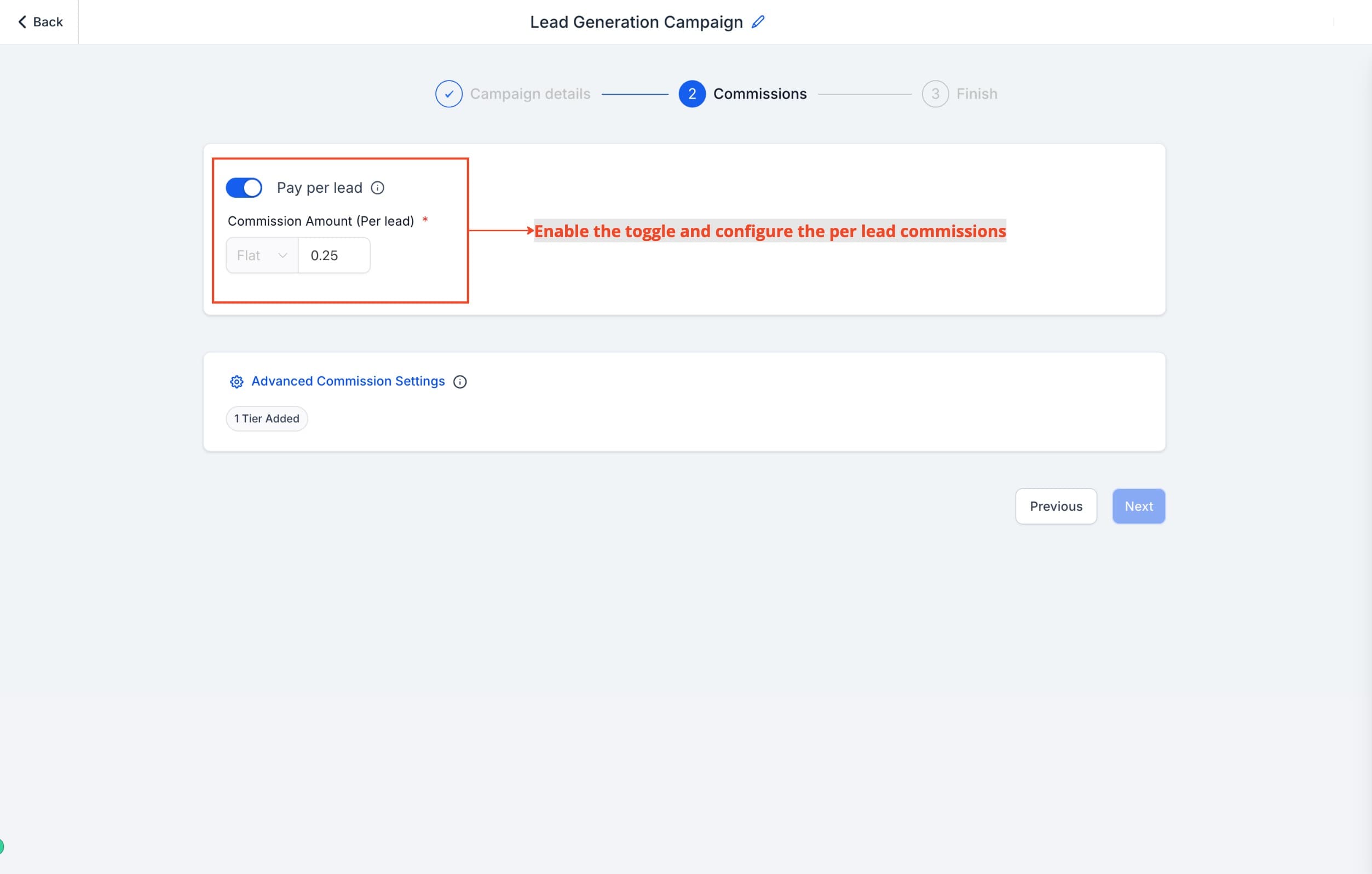 Schermata 3 — Come configurare e pagare gli affiliati per la generazione di lead