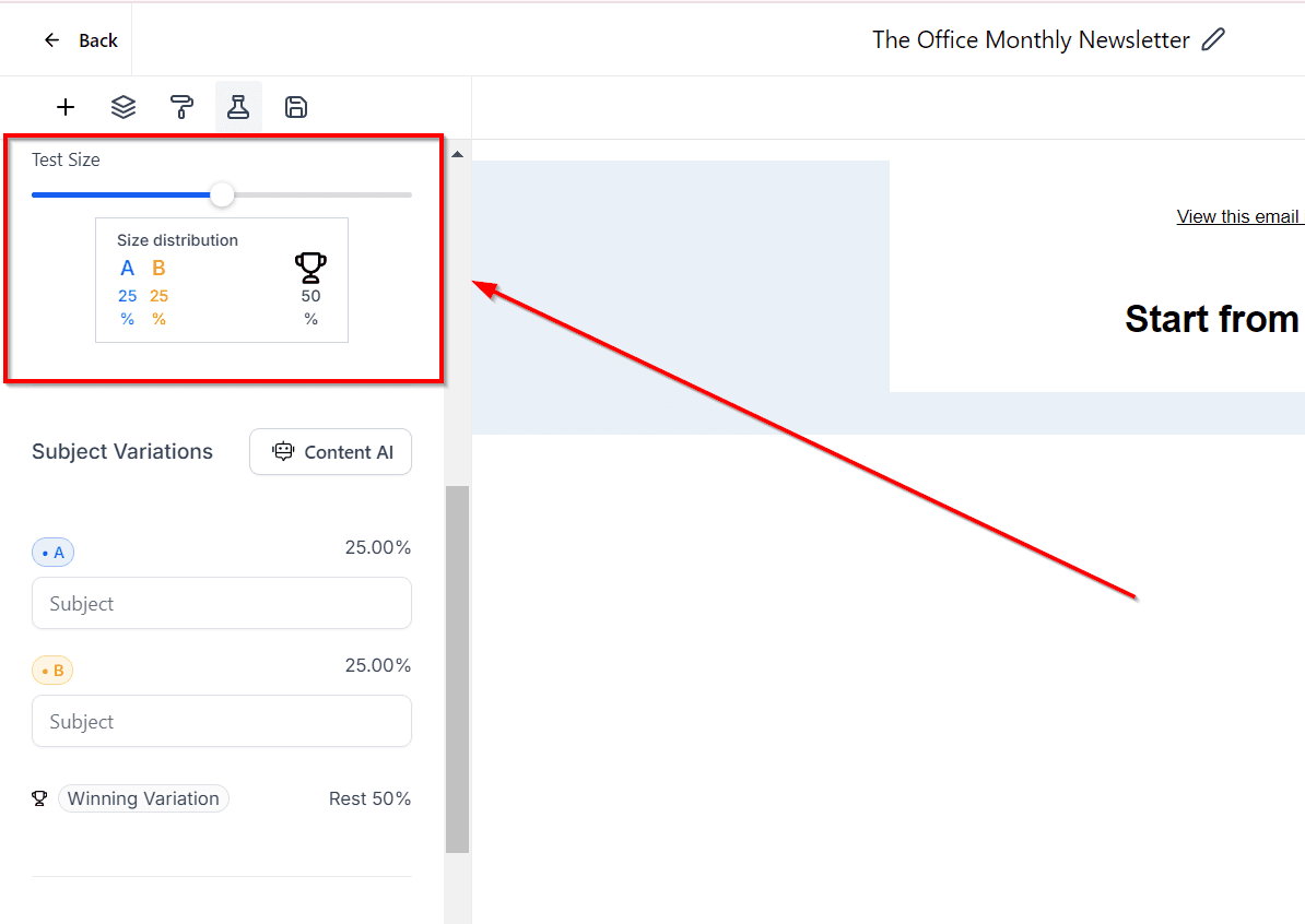 Schermata 5 — Come configurare l'A/B testing per le tue Campaign email