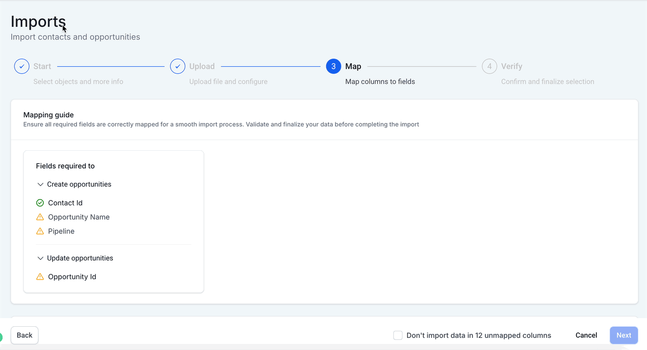 Schermata 4 — Importare Opportunità tramite file CSV