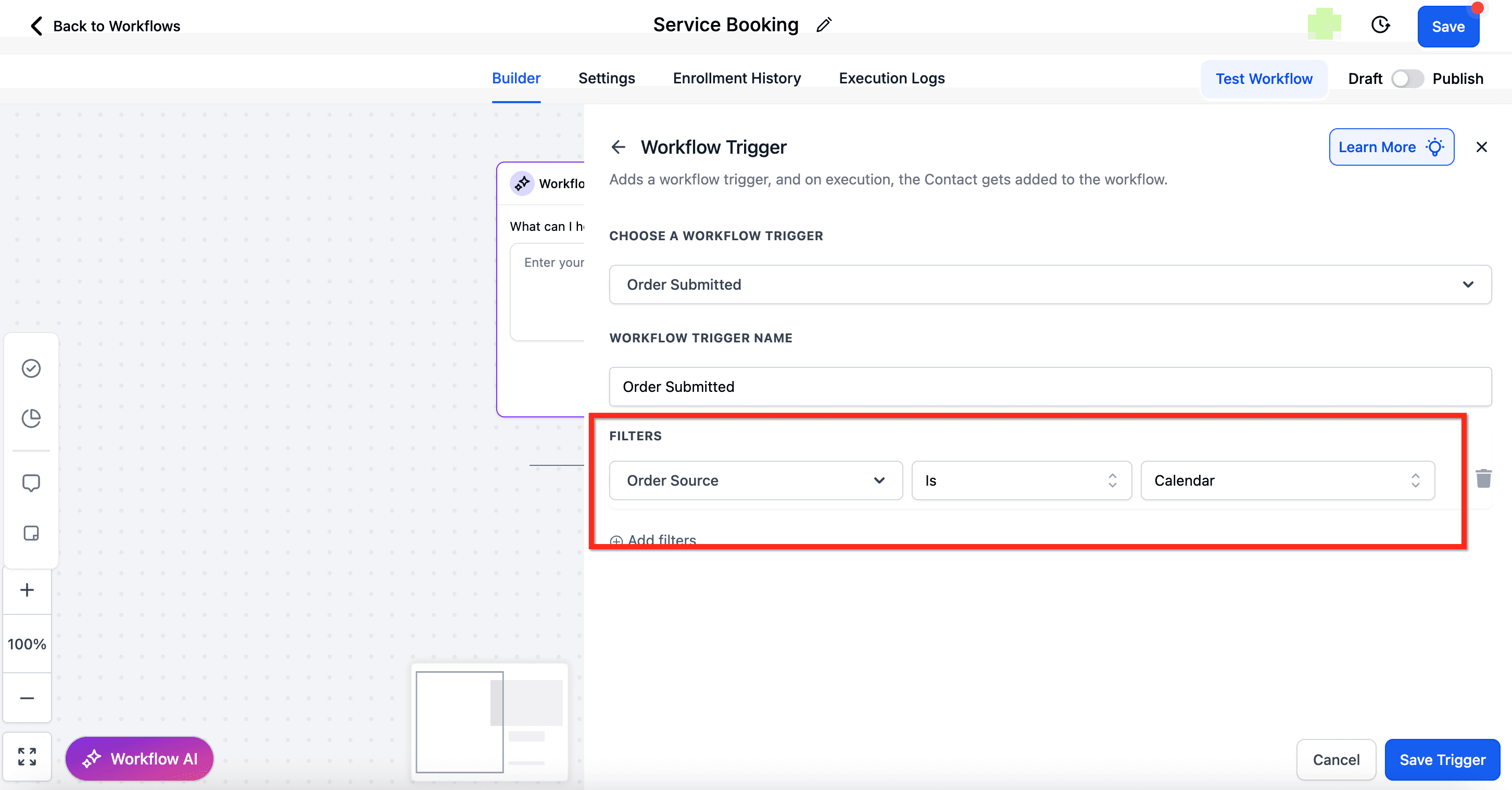 Schermata 3 — Workflow Trigger – Service Booking (Services v2)