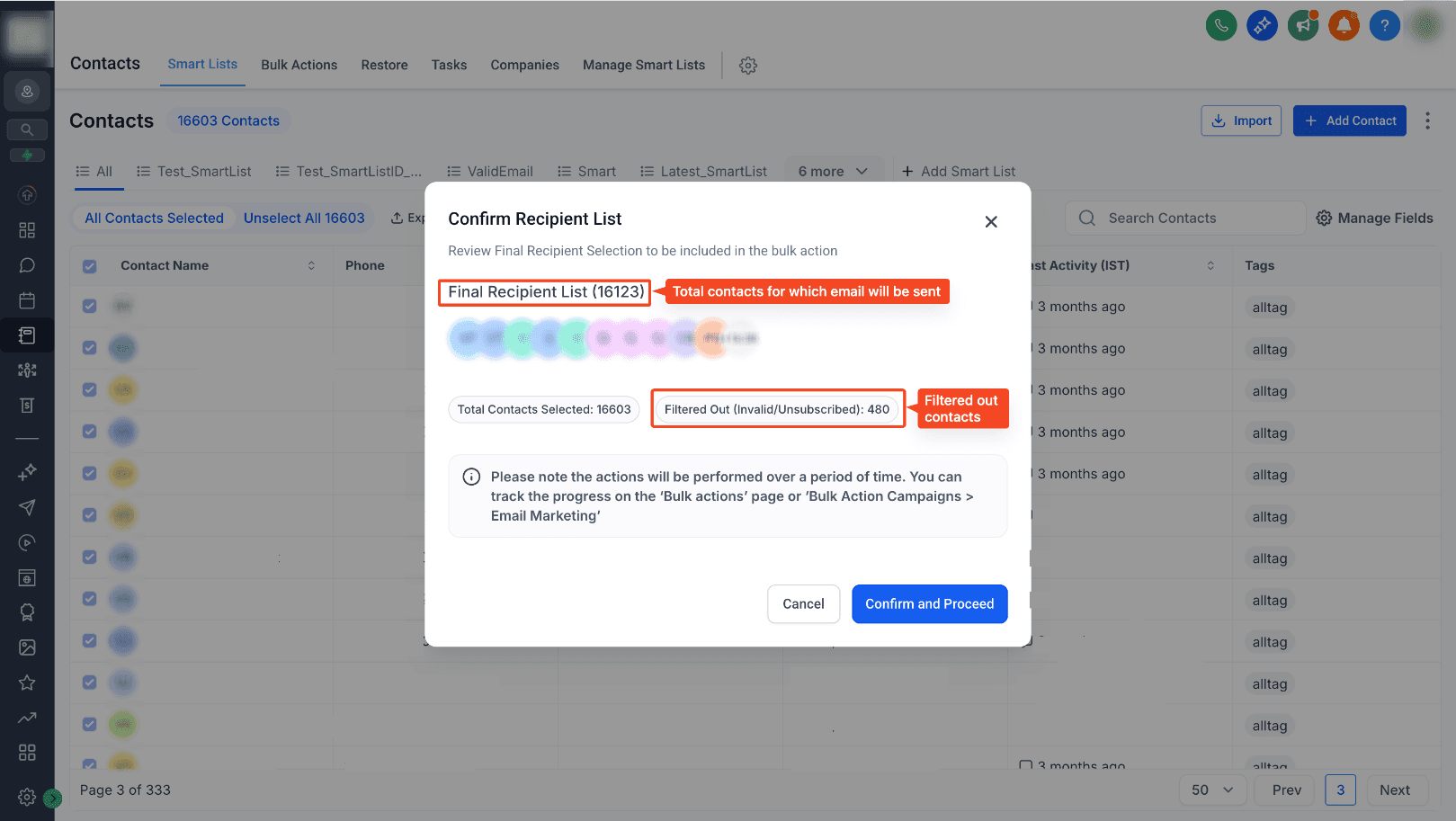 Schermata 1 — Nuova UI per la creazione di email tramite Bulk Action nei Contatti