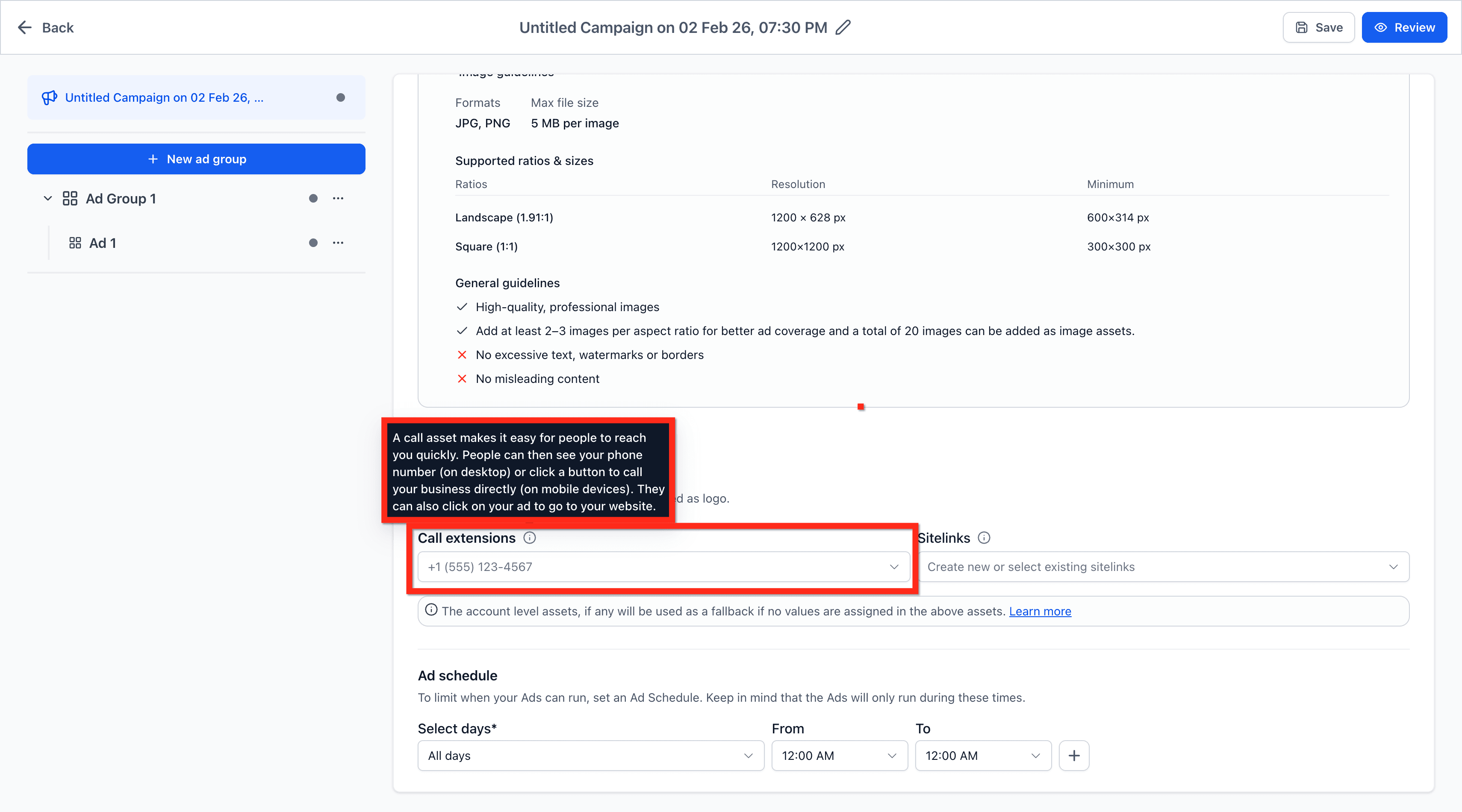 Schermata 3 — Ad Manager - Configura gli Asset Aggiuntivi di Google Ads a Livello di Campaign