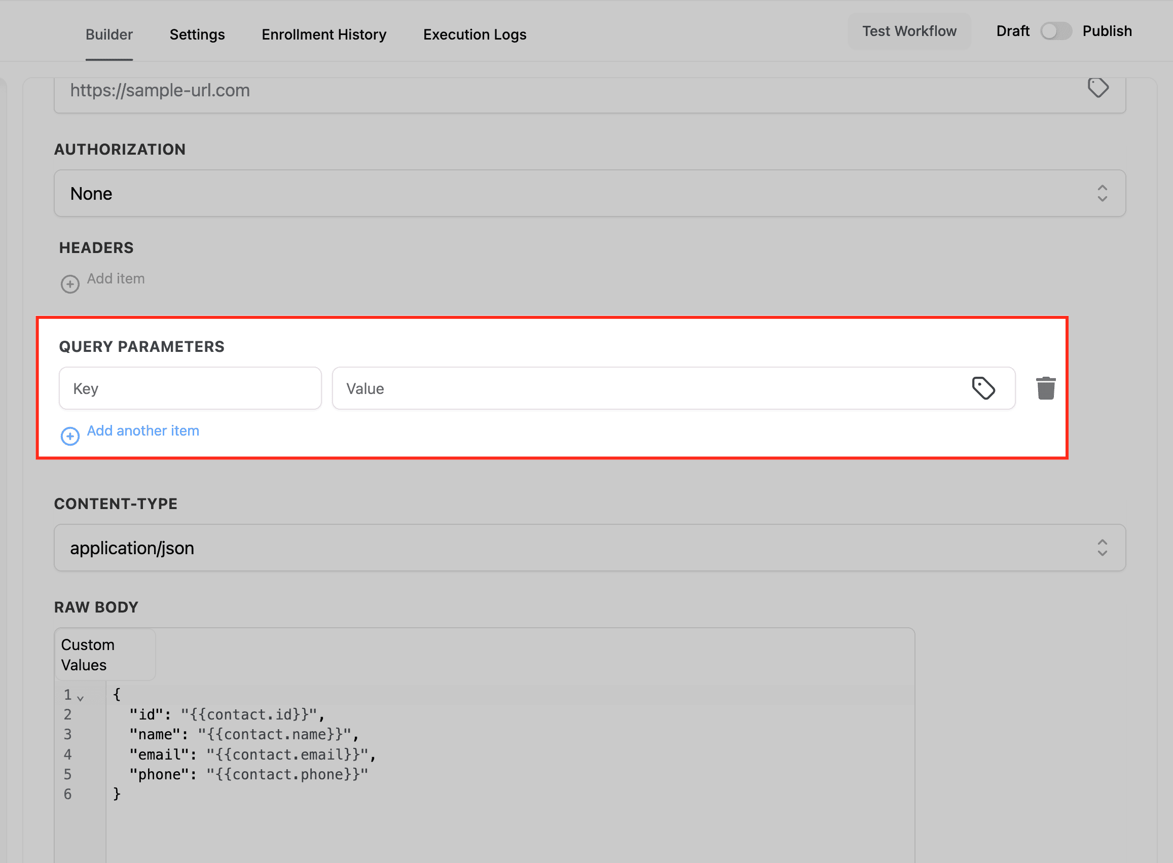 Schermata 9 — Azione Workflow - Custom Webhook
