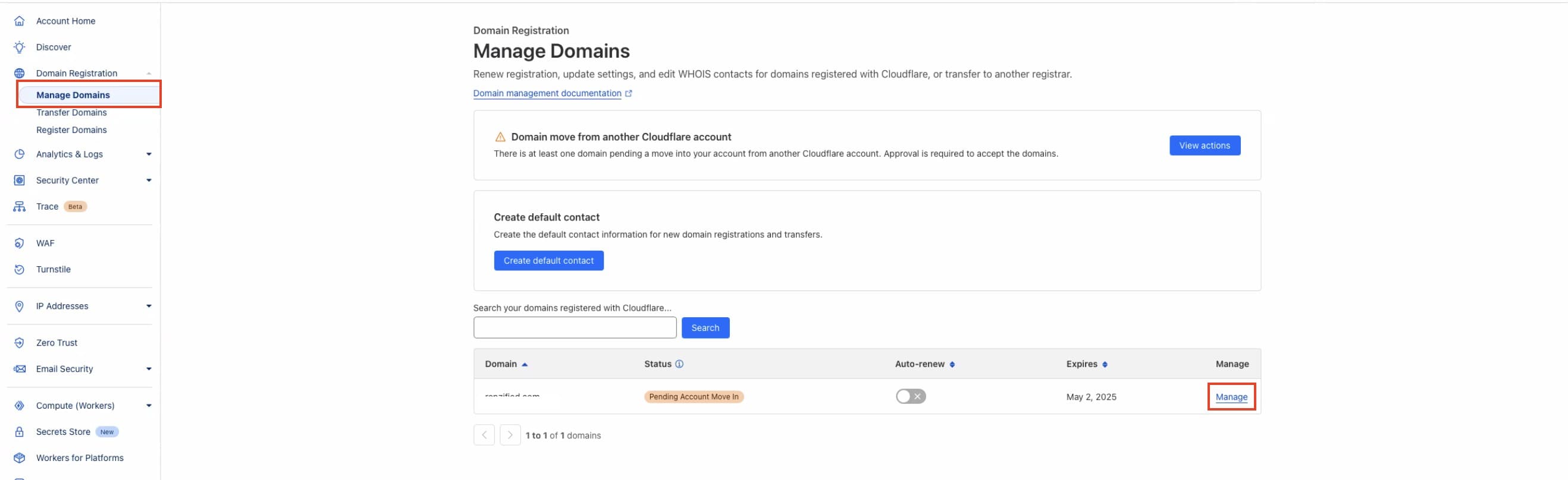 Schermata 8 — Trasferimento di dominio in uscita verso Cloudflare