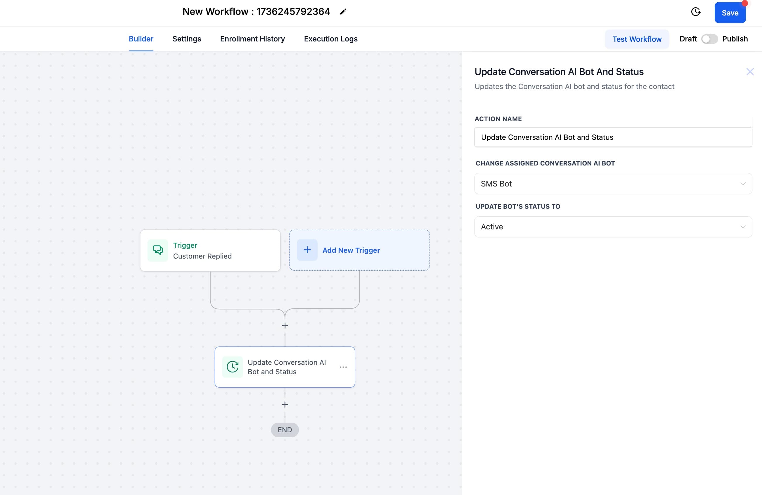 Schermata 4 — Azione Workflow - Aggiorna Bot e Stato della Conversazione AI