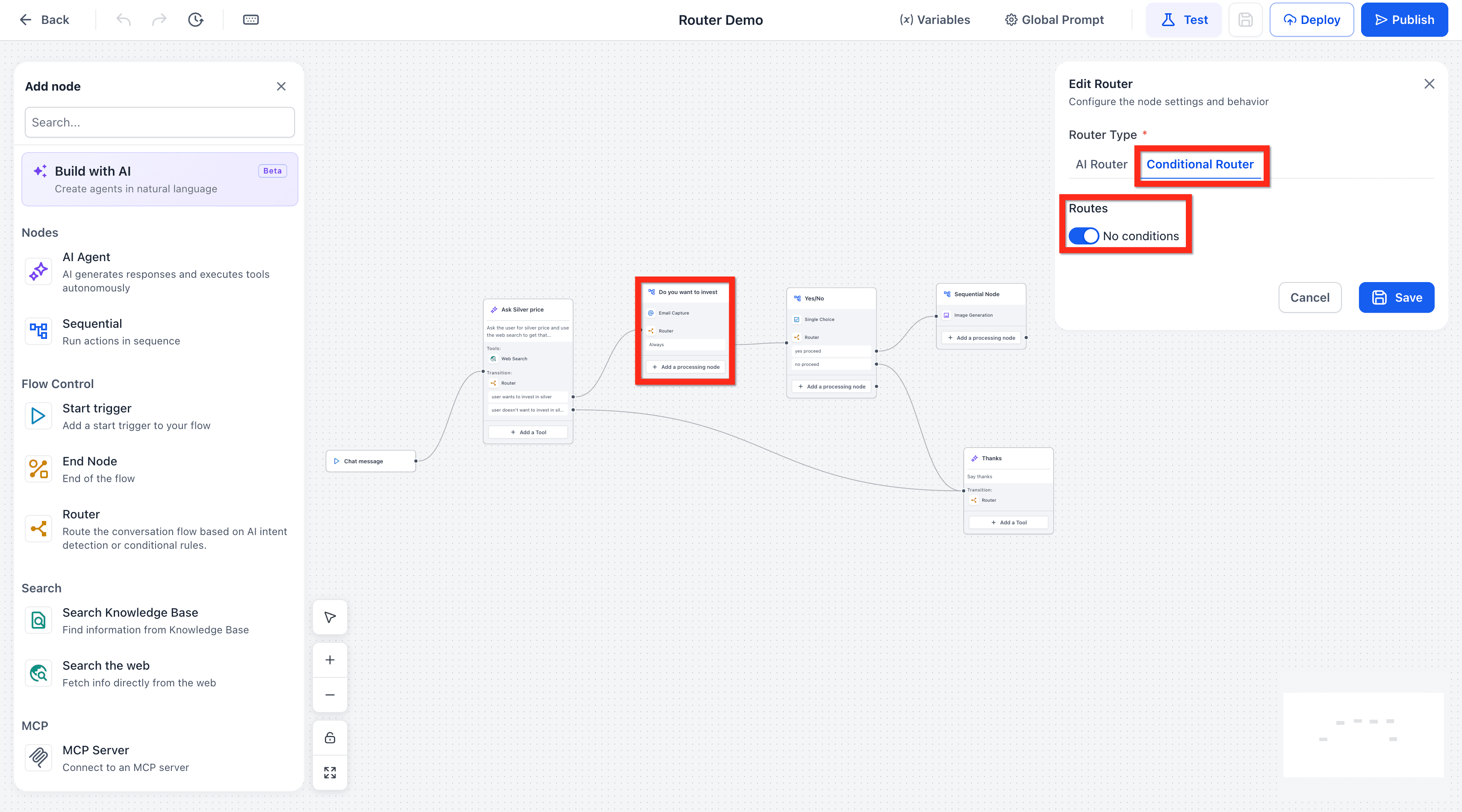 Schermata 3 — Agent Studio - Router Tool (AI Router e Conditional Router)