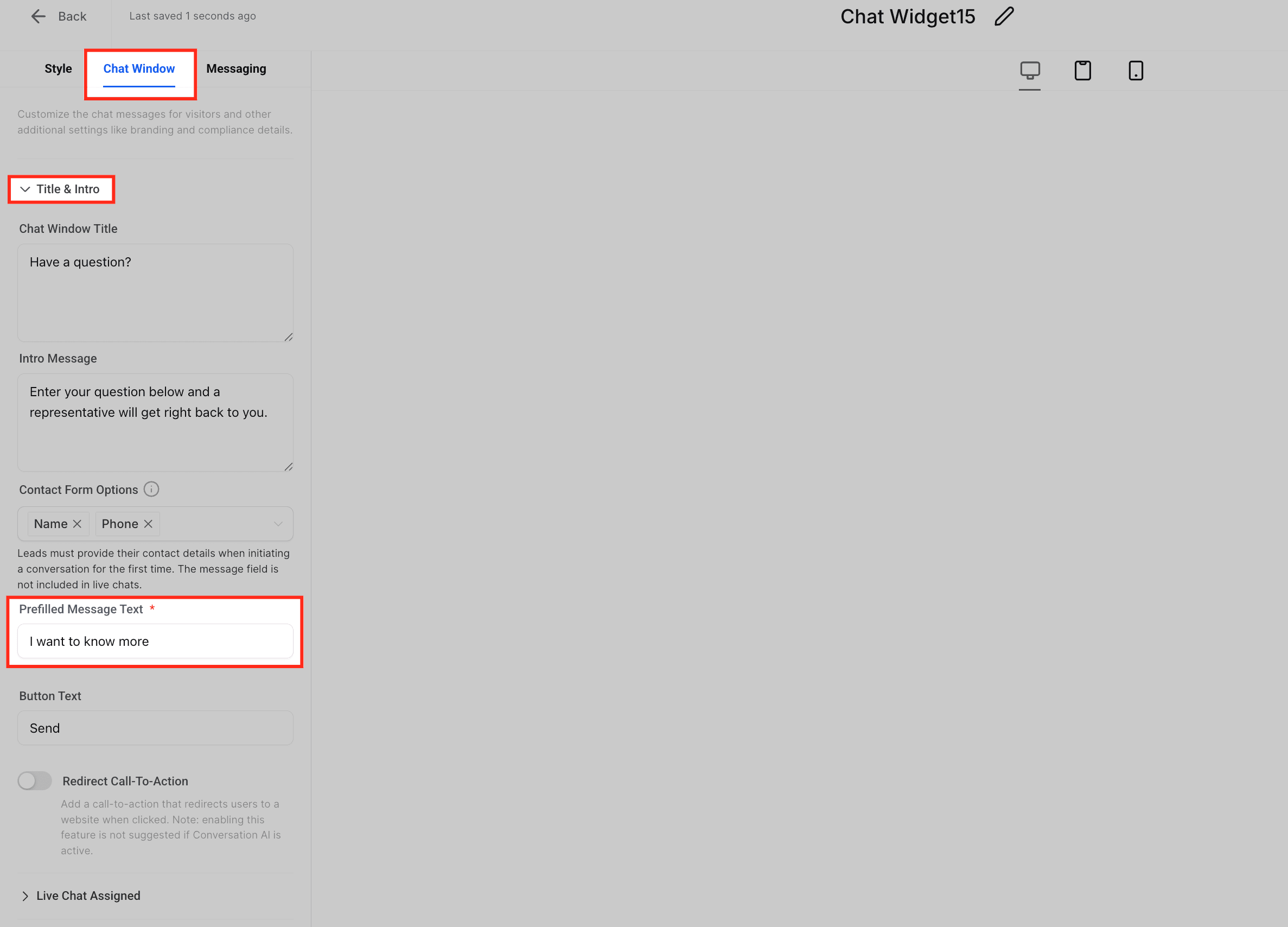Schermata 4 — Campo Messaggio Personalizzabile nei Chat Widget