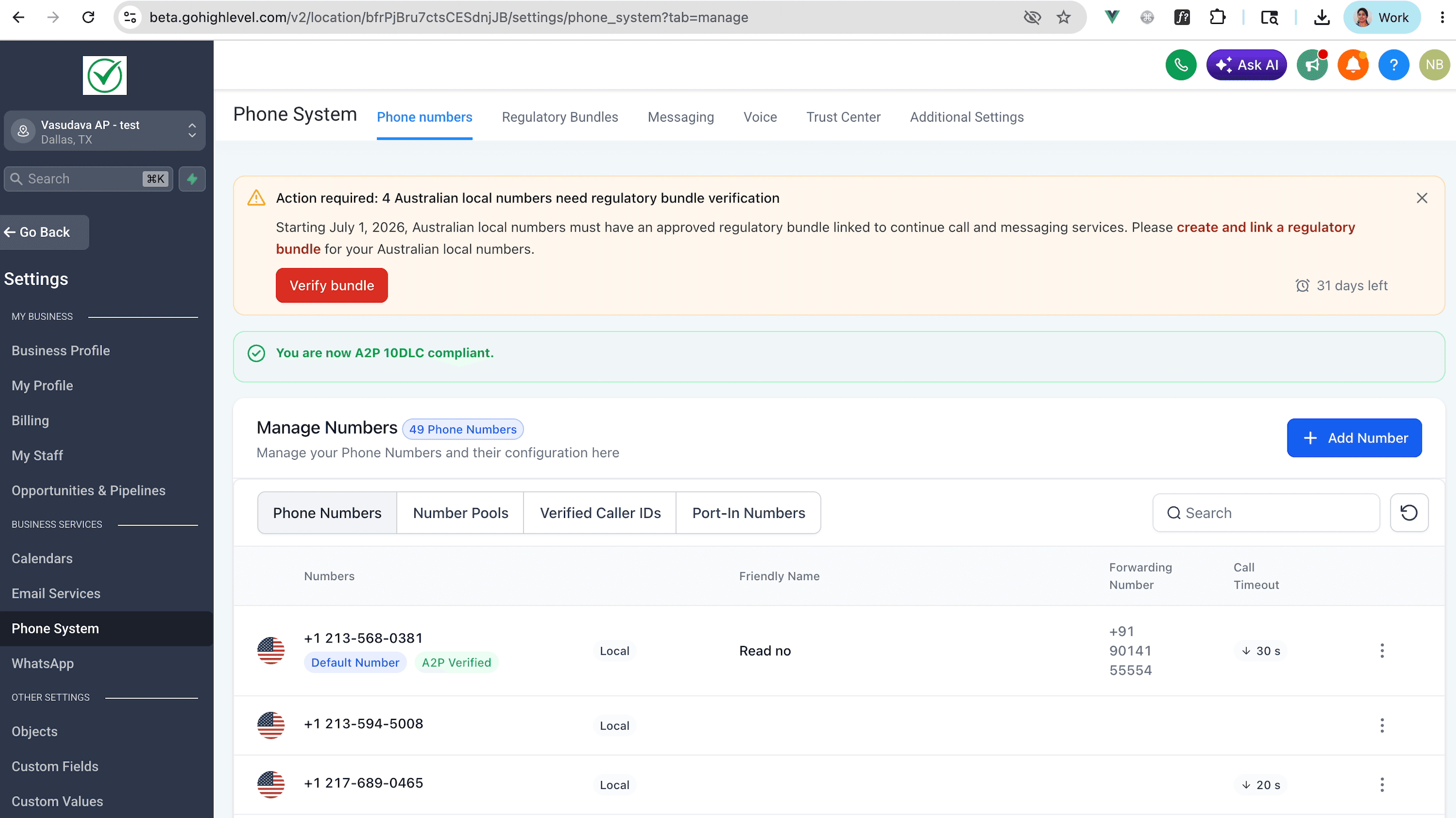 Schermata 1 — Come creare e collegare un Regulatory Bundle per i numeri locali australiani