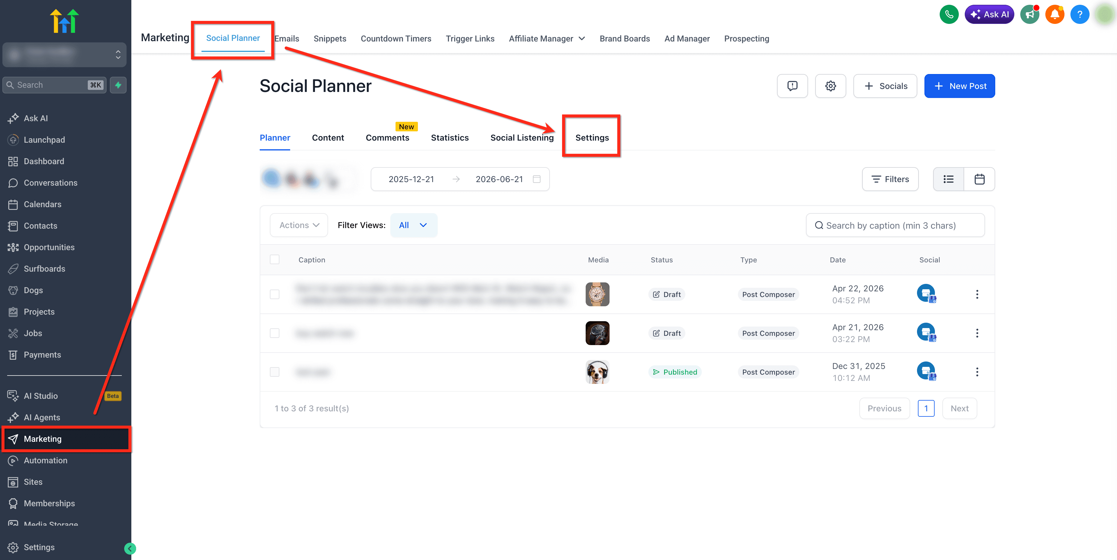 Schermata 1 — Come pianificare i post delle Community dal Social Planner