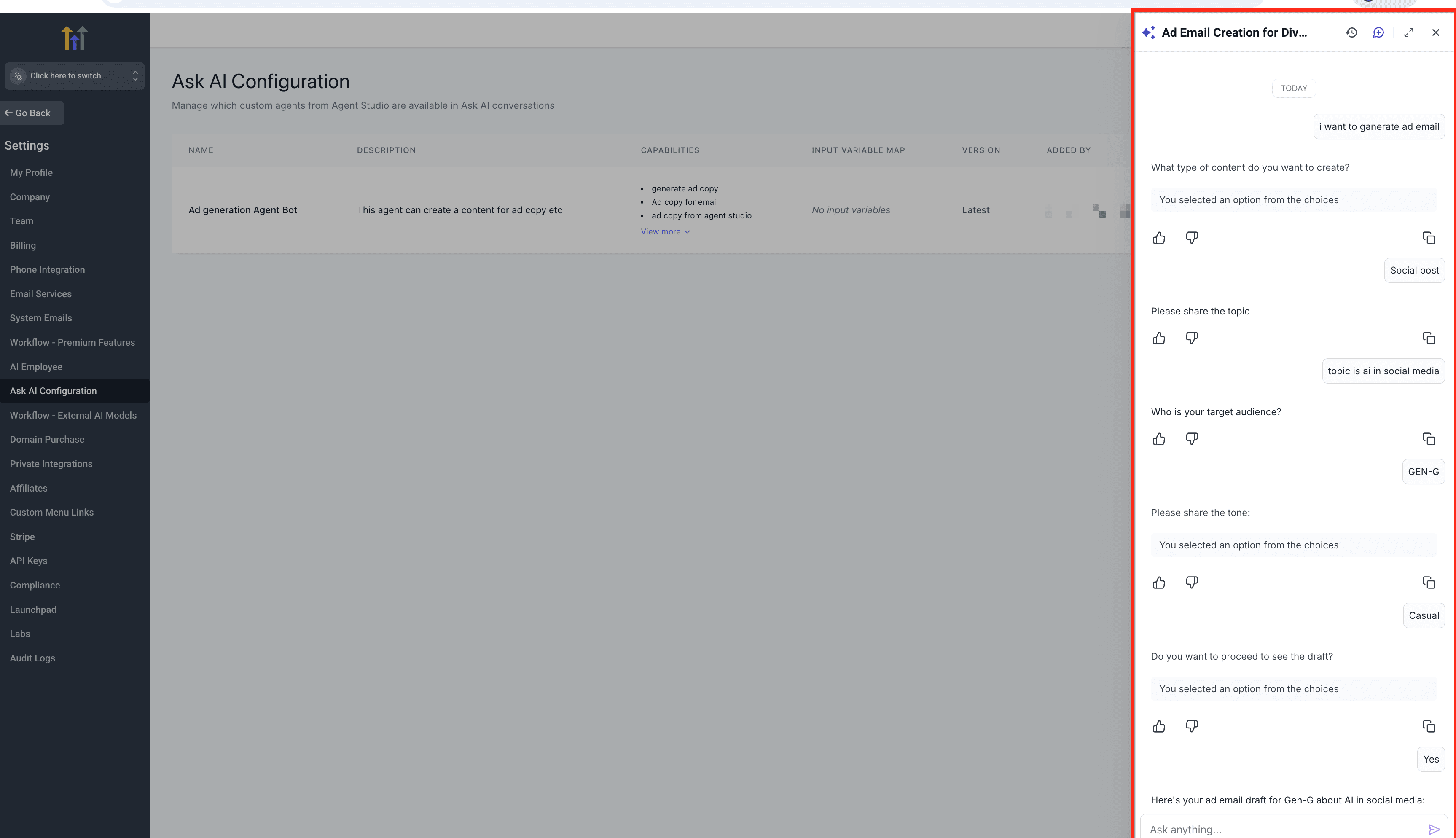 Schermata 6 — Integrazione Ask AI + Agent Studio