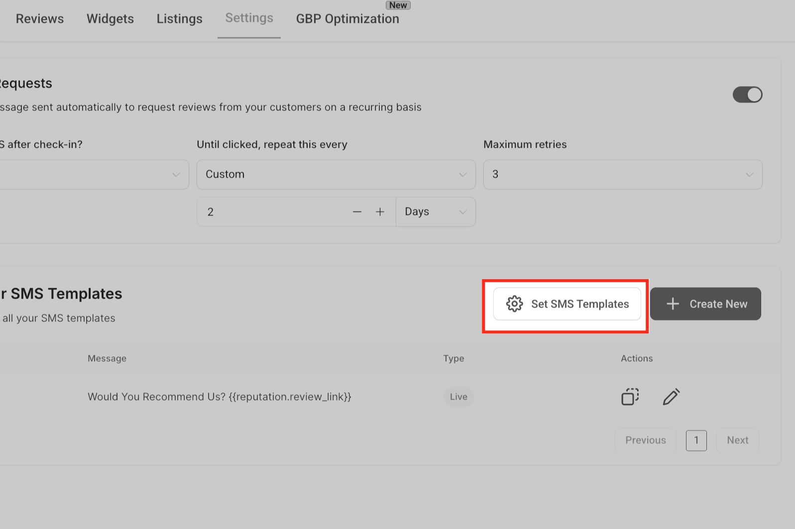 Schermata 8 — Come personalizzare le richieste di recensione con template SMS personalizzati