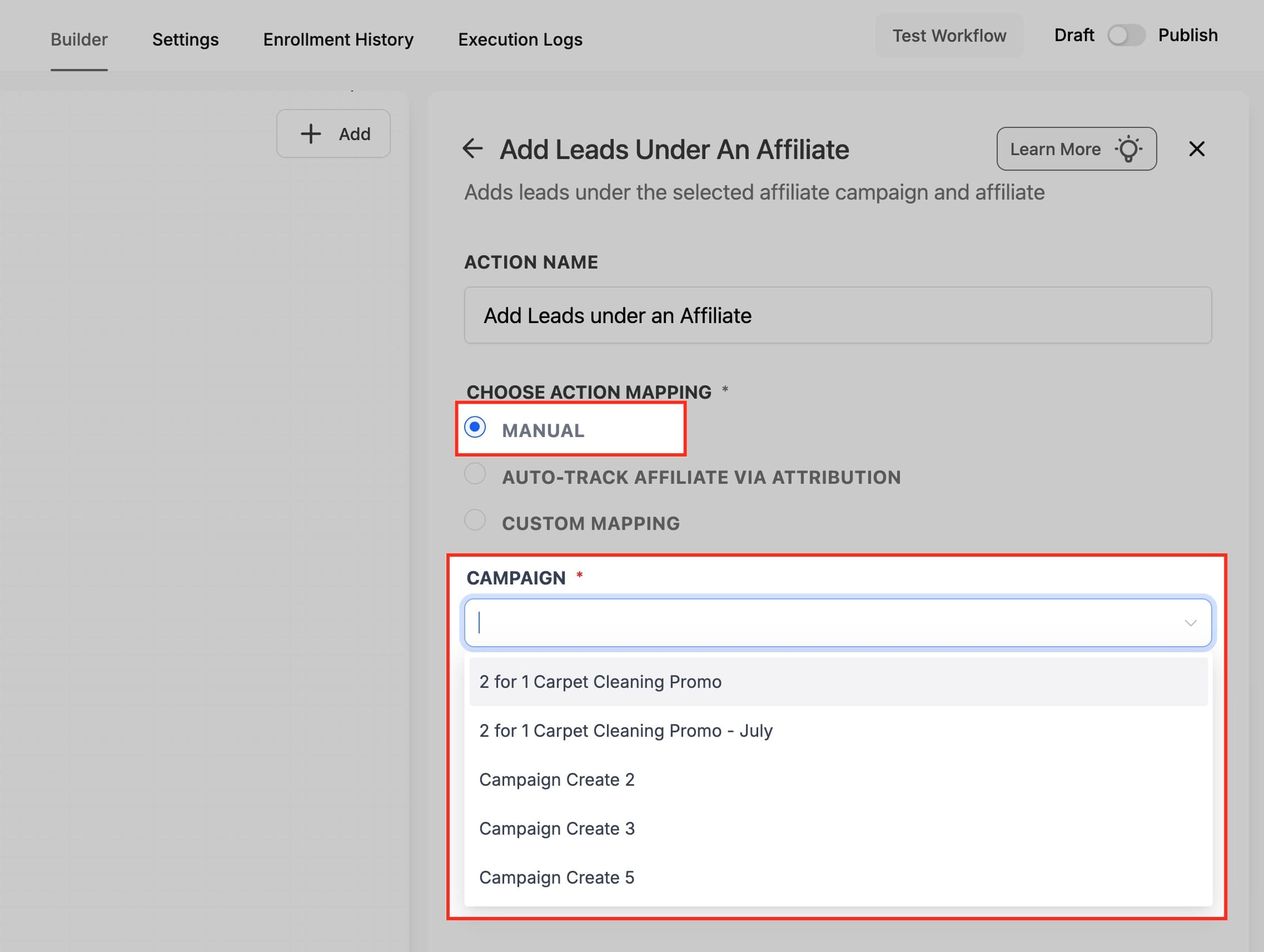 Schermata 4 — Azione Workflow - Aggiungi Lead sotto un Affiliato