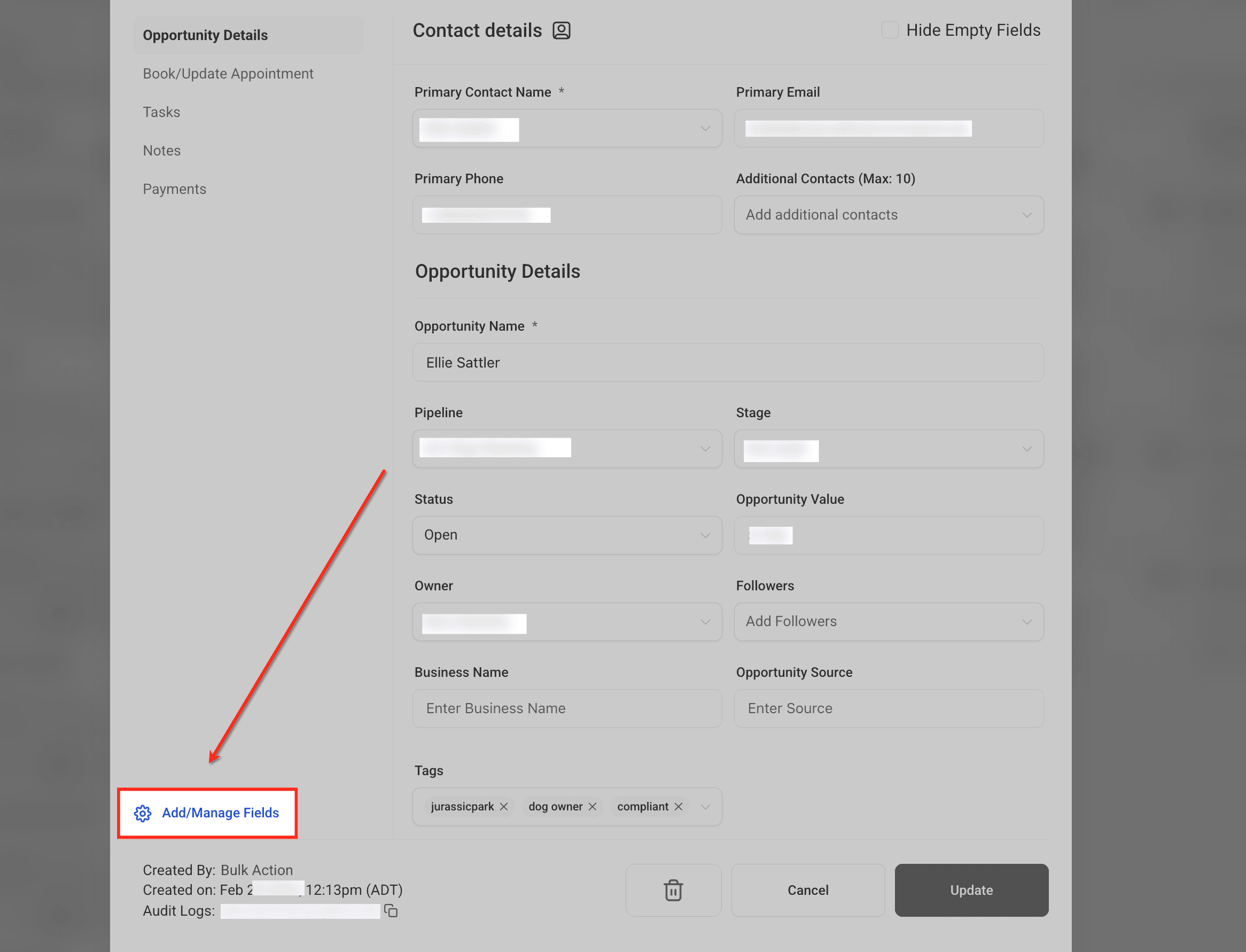 Schermata 2 — Come usare i Campi Personalizzati per le Opportunità