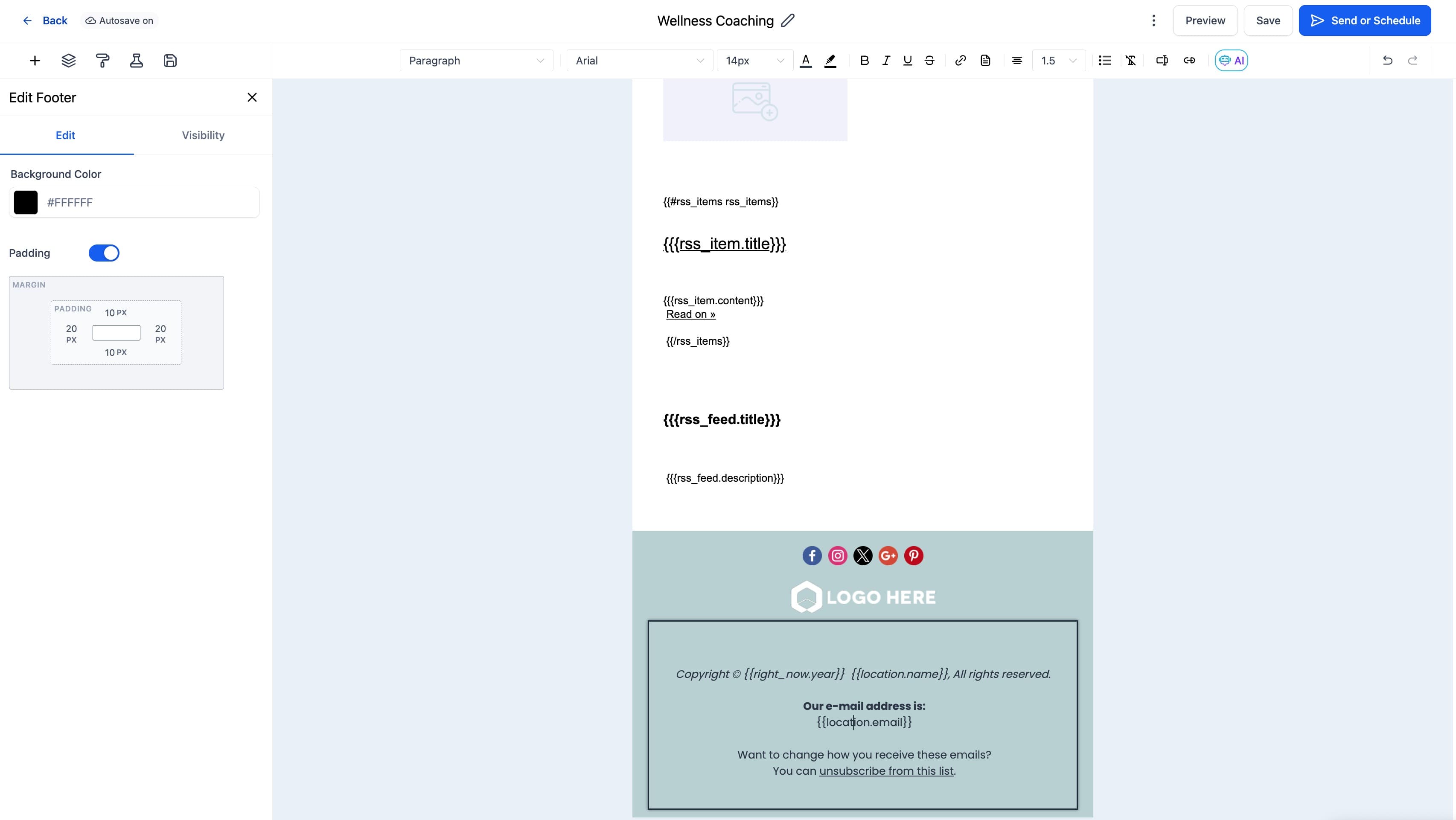 Schermata 4 — Elemento Footer nell'Email Builder